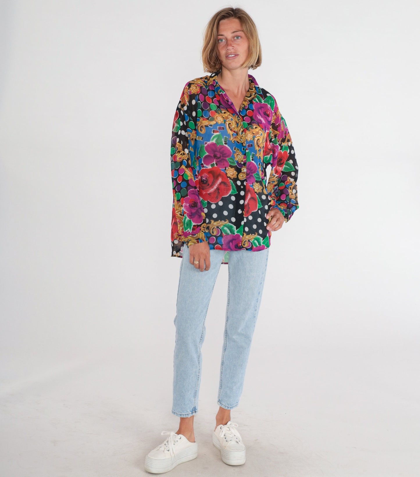 90s Express Baroque Floral Polka Dot Button-Up Blouse Long Sleeve Medium