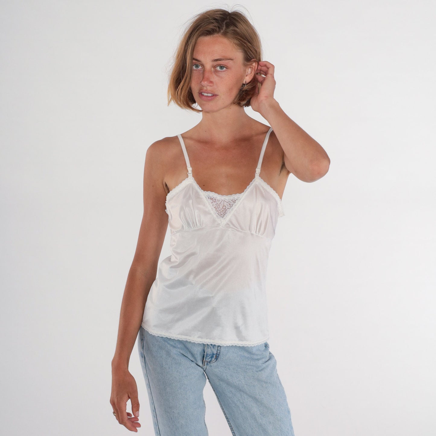80s White Nylon Camisole Lace Trim Spaghetti Strap Empire Waist Small