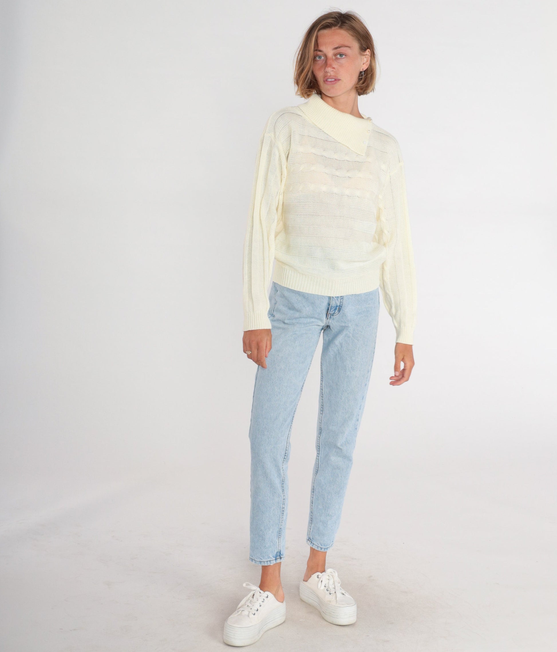 80s Cream Cable Knit Sweater Convertible Collar Pullover Medium M