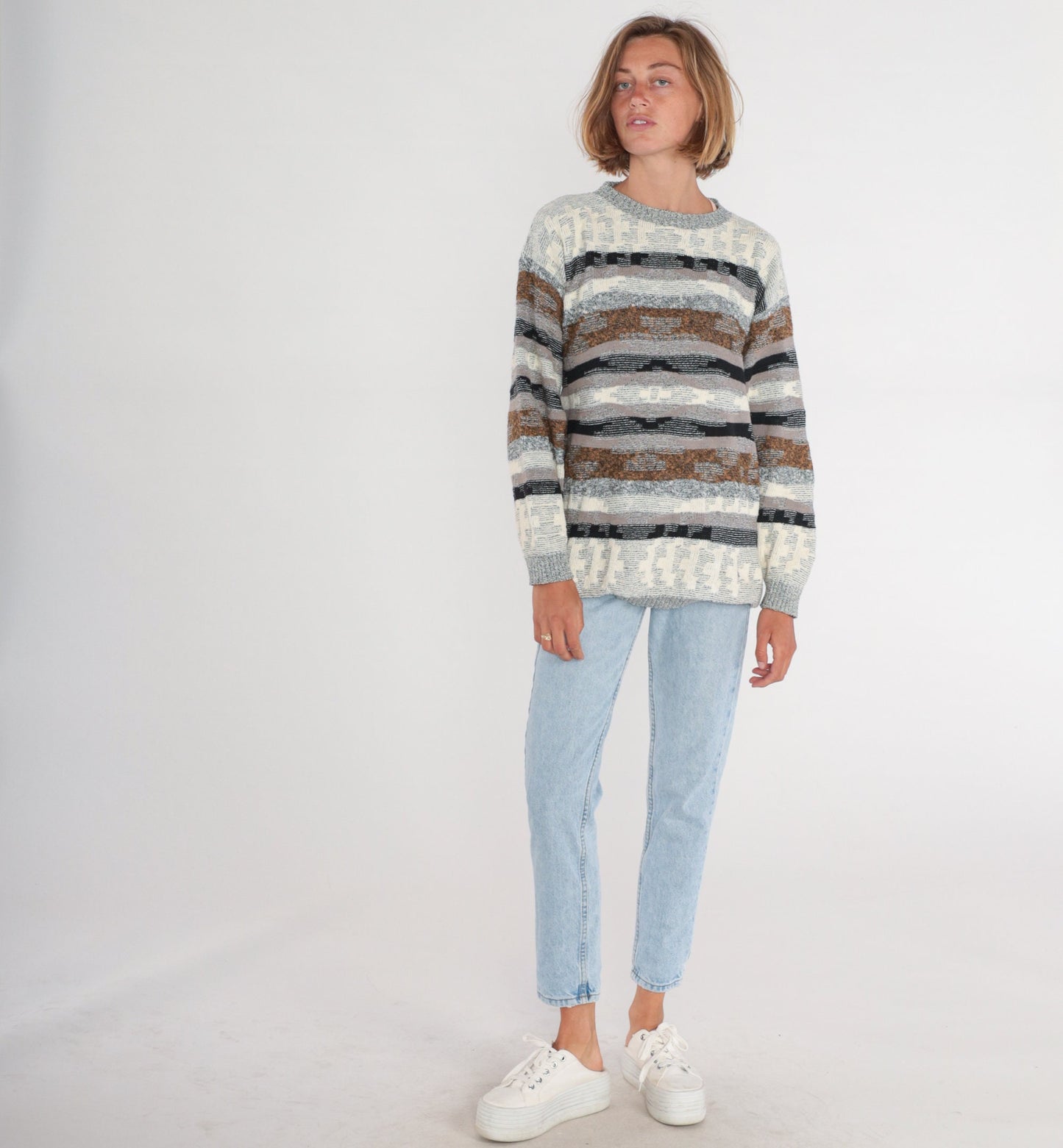80s Geometric Striped Knit Sweater Grey Brown Cream Black Crewneck Large