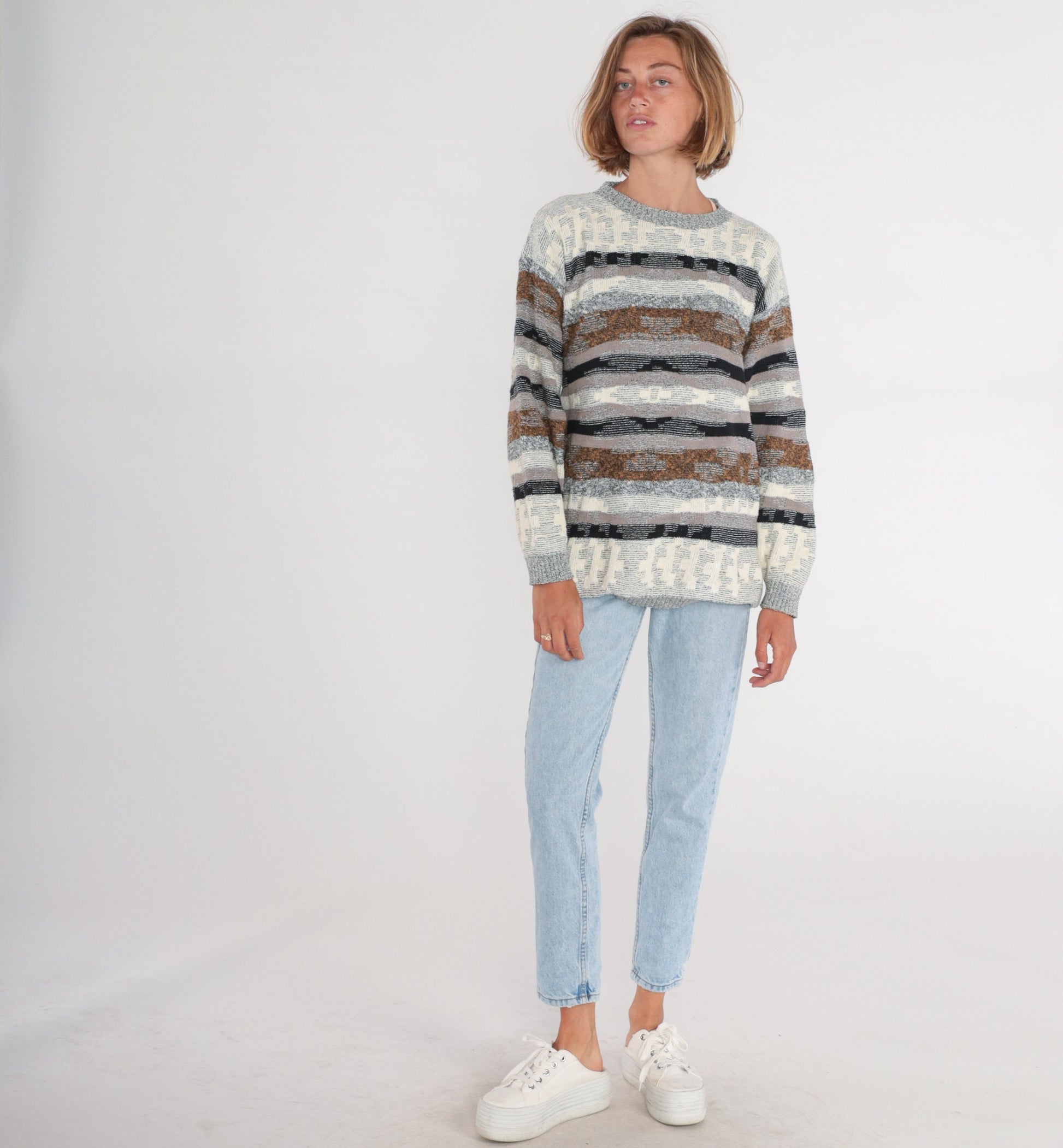 80s Geometric Striped Knit Sweater Grey Brown Cream Black Crewneck Large