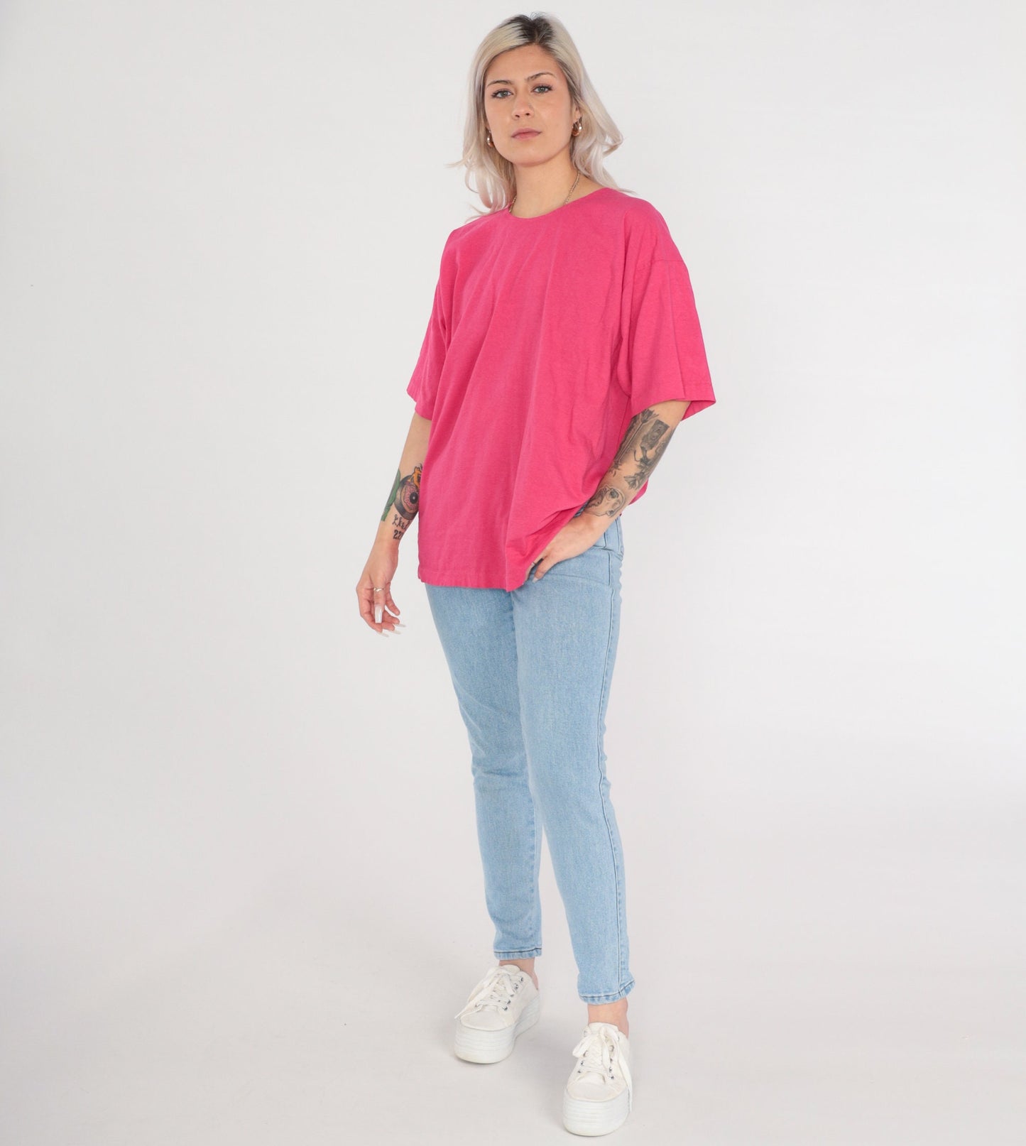 90s Hot Pink Plain Cotton T-Shirt Short Sleeve Solid Tee Extra Large