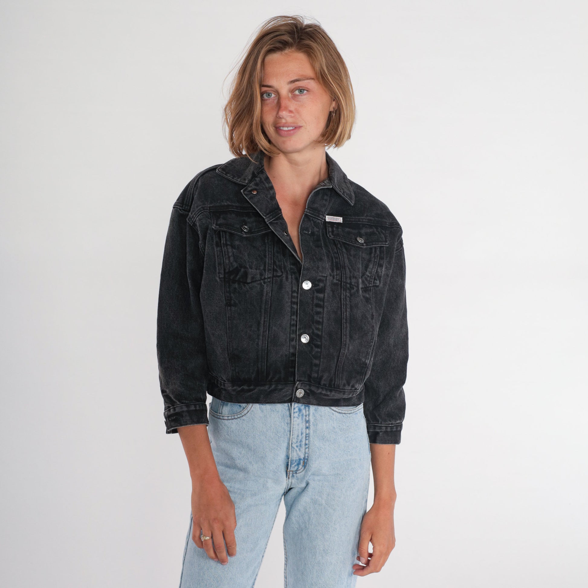 90s Guess Black Denim Jacket Cropped Airbrushed Vegetarian Print Medium
