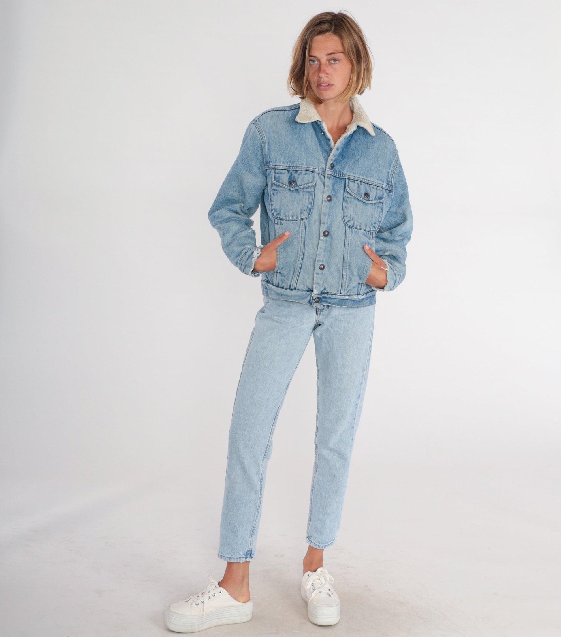 90s Gap Denim Jacket Blue Shearling Lined Snap Front Small S
