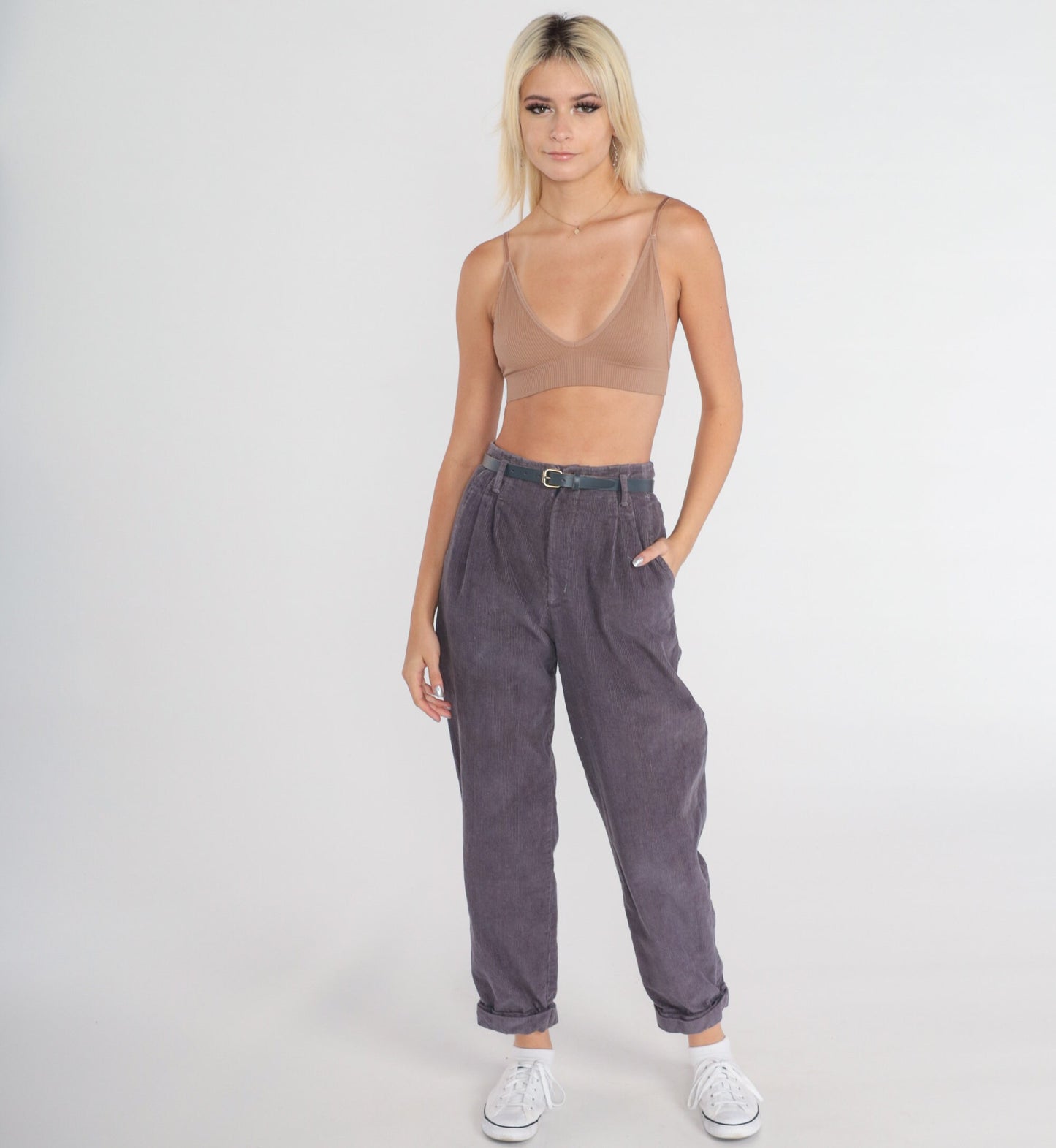80s Purple Corduroy High-Waist Pleated Tapered Trousers Extra Small