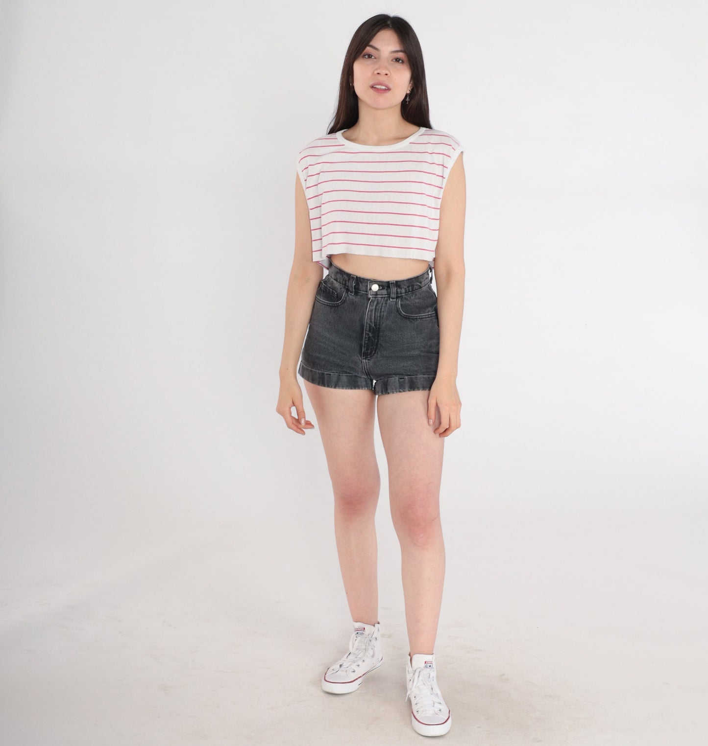 80s Striped Crop Tank Top White Pink Raw Hem Cutoff Small Medium