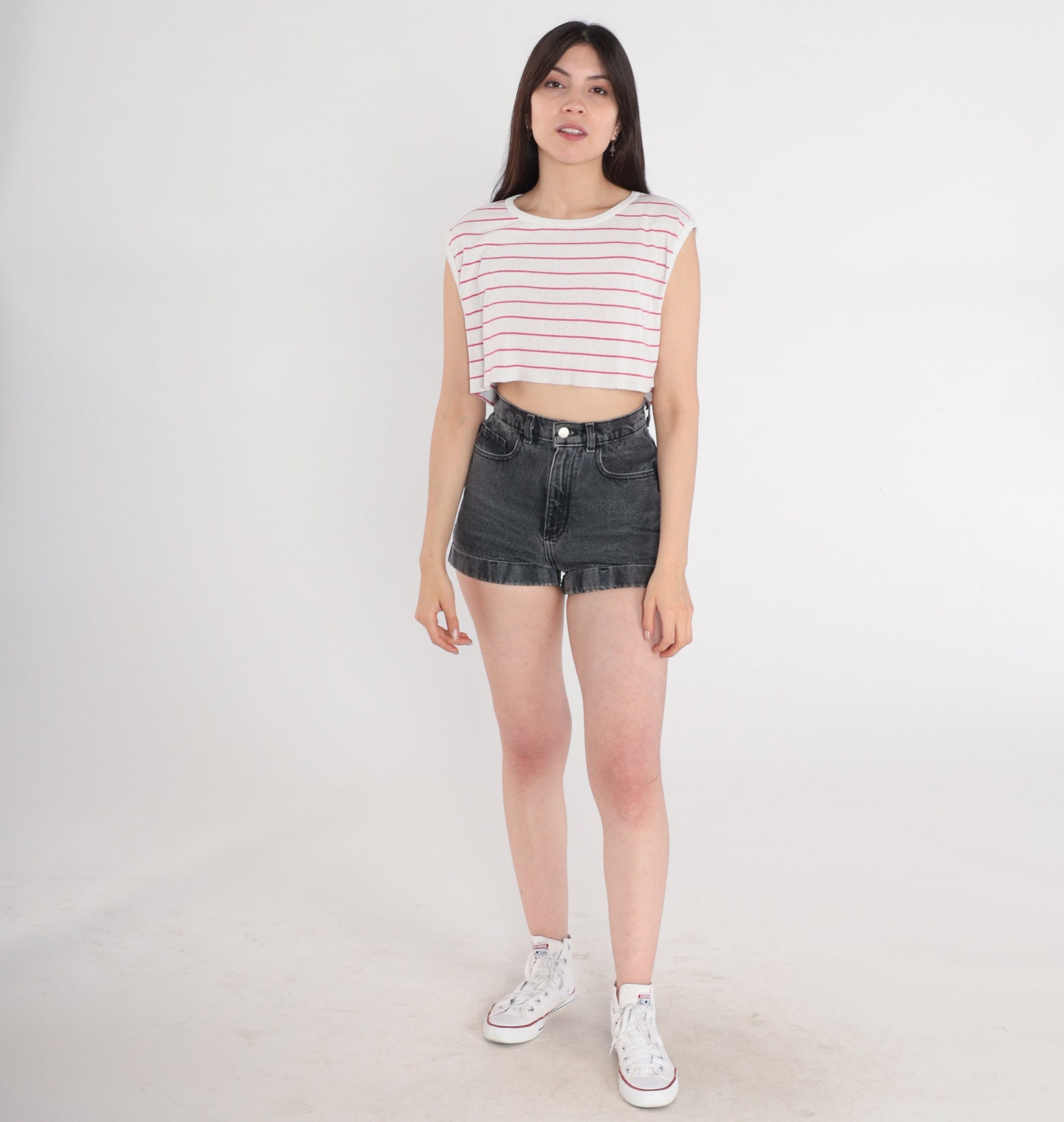 80s Striped Crop Tank Top White Pink Raw Hem Cutoff Small Medium