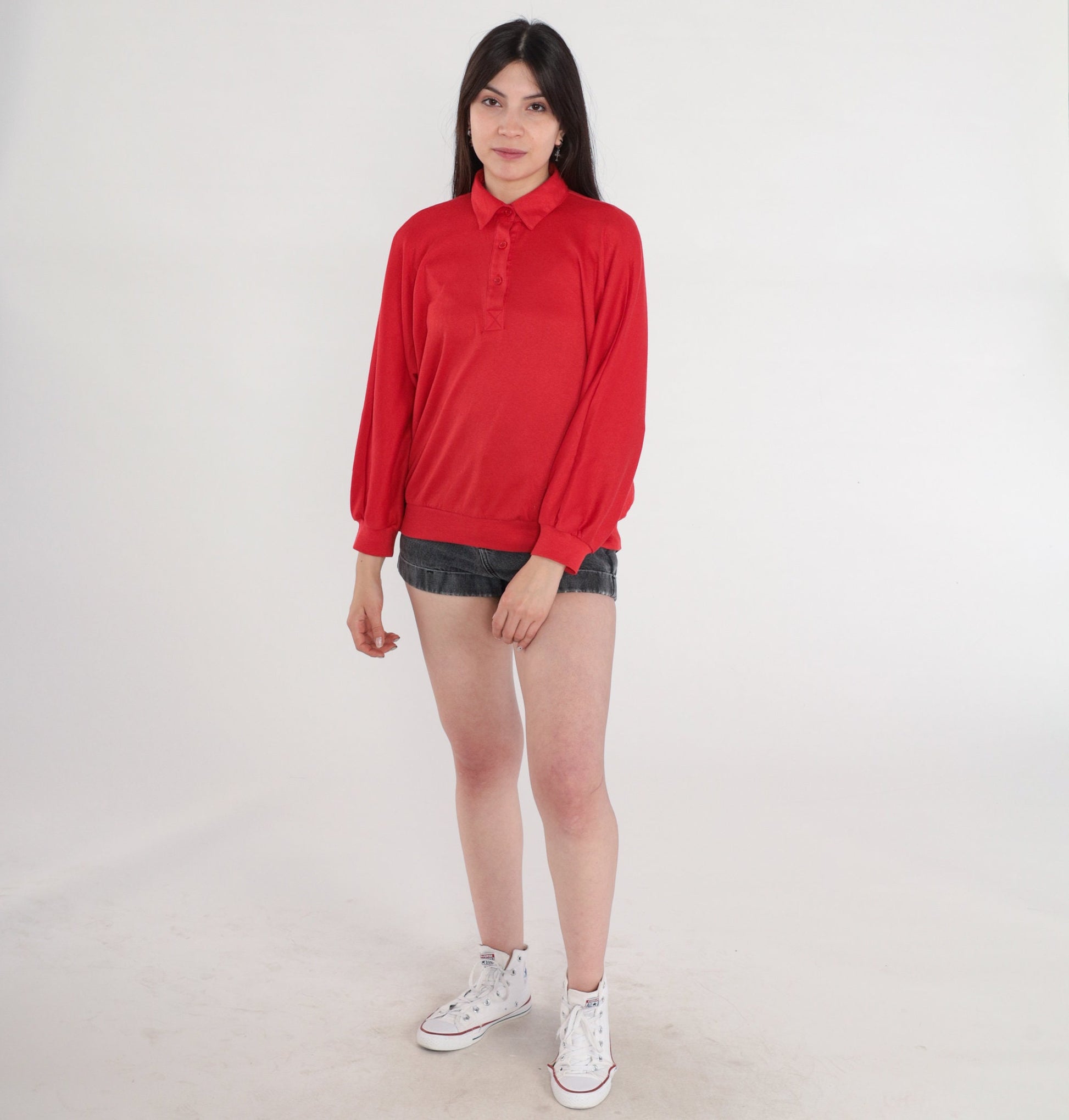 80s Red Long Sleeve Polo Shirt Plain Button-Up Crewneck Medium