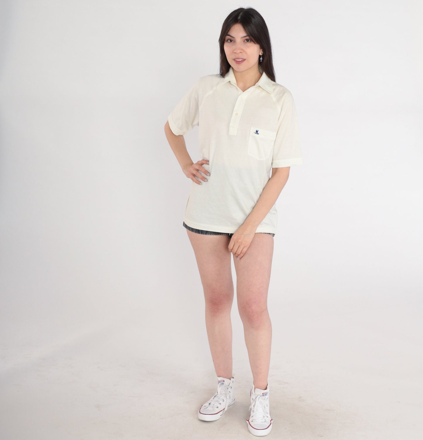 80s Tori Richard Catamaran Polo Shirt Off-White Collared Raglan Medium