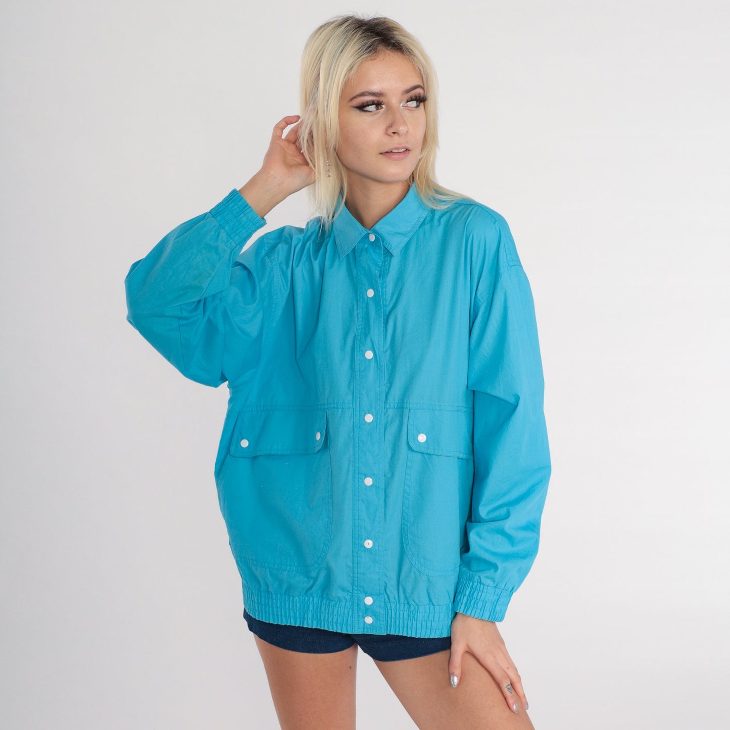 80s Koret Bright Blue Windbreaker Jacket Snap Front Medium M