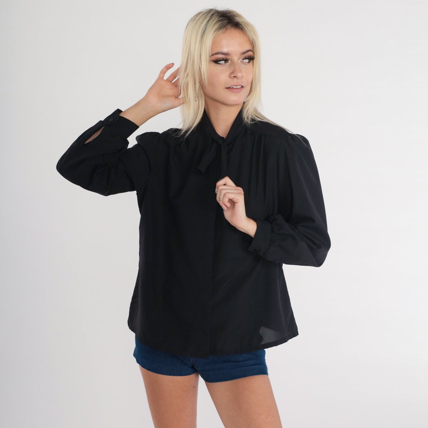 70s Black Ascot Blouse Button Up Necktie Puff Sleeve Shirt Medium M
