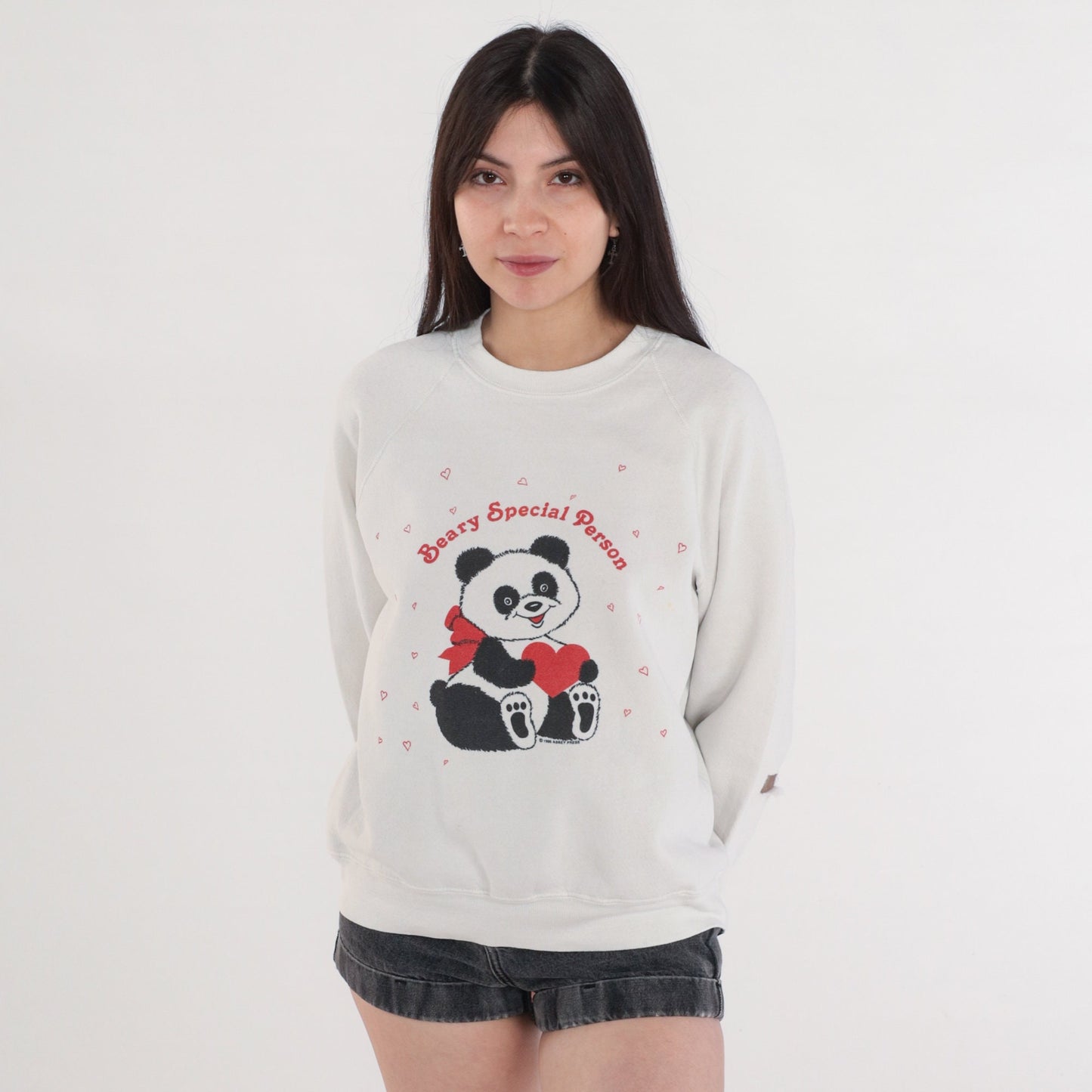 90s Panda Bear Heart Sweatshirt Lee Raglan Red White Medium
