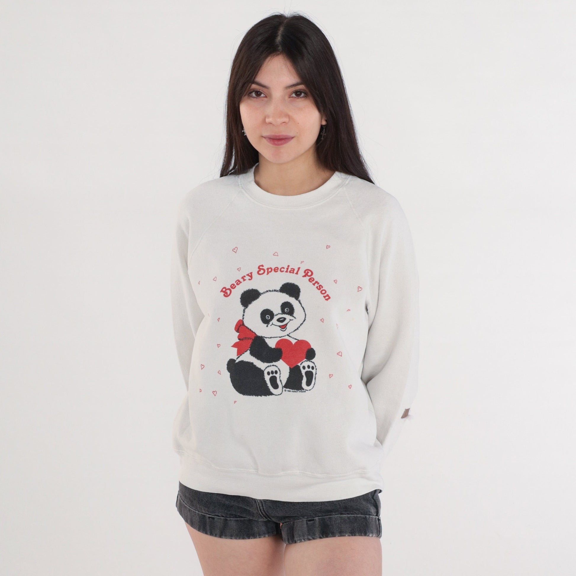 90s Panda Bear Heart Sweatshirt Lee Raglan Red White Medium