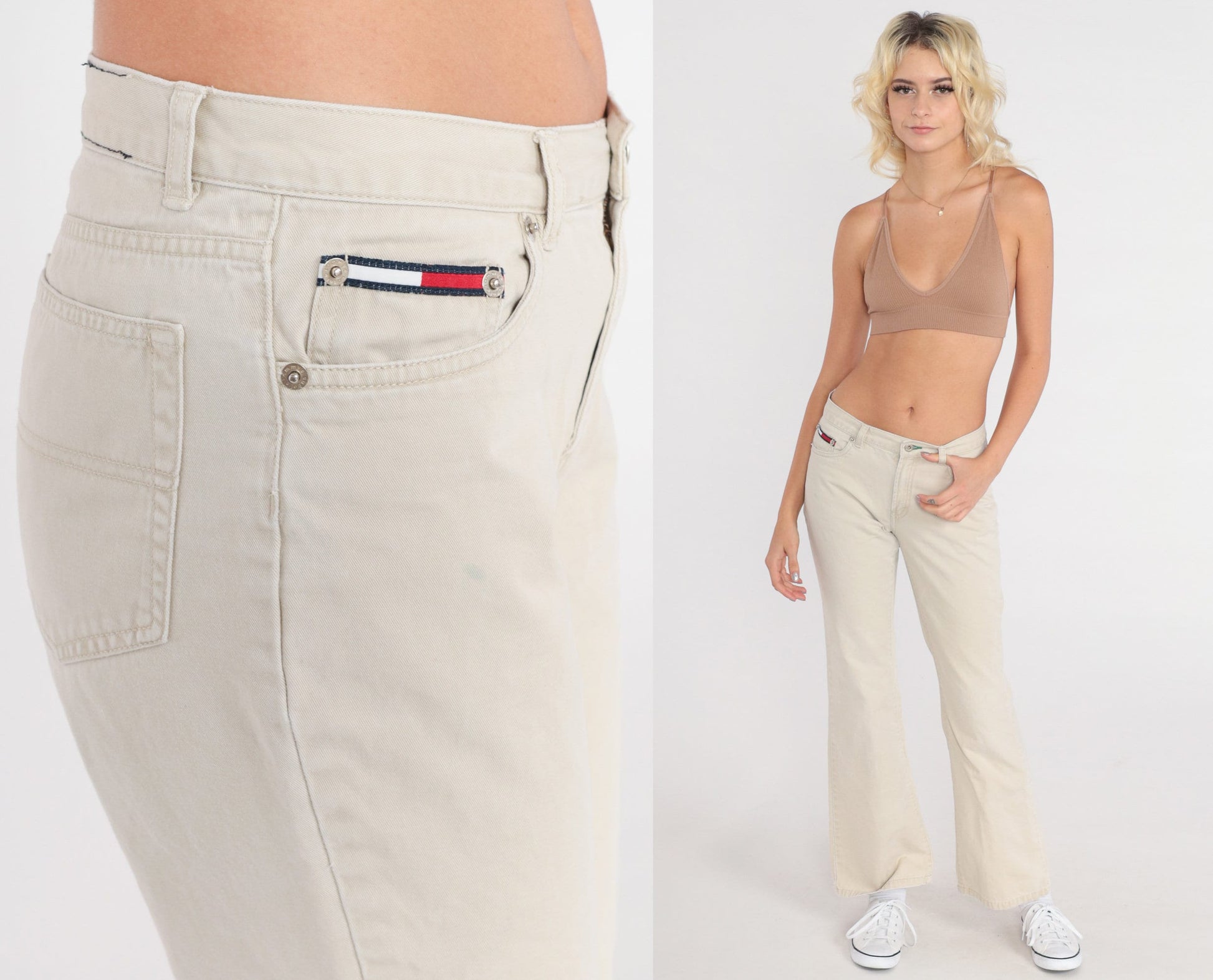 Tommy Hilfiger Khaki Flared Pants Y2K Low Rise 00s Trousers Extra Small