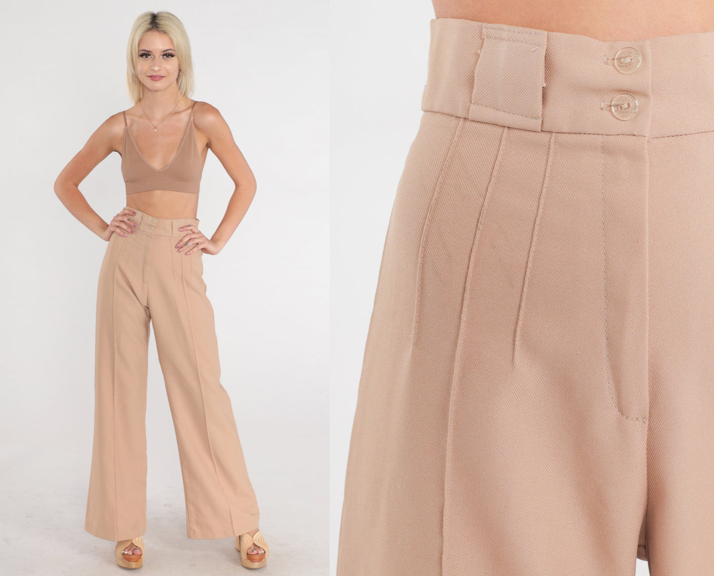 70s Tan Wide Leg High Rise Trousers Creased Straight Pants Extra Small