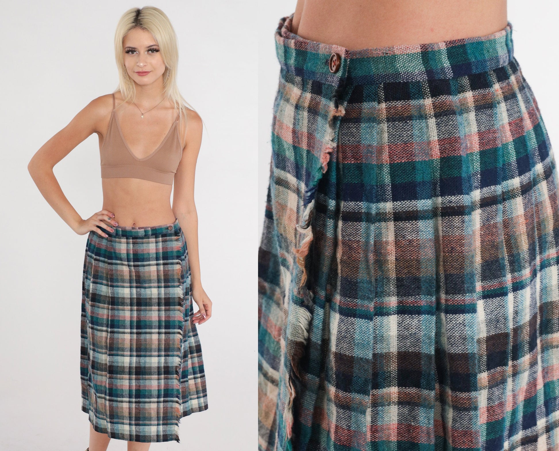 80s Plaid Wool Blend Midi Skirt High Waist Pleated Blue Green Small