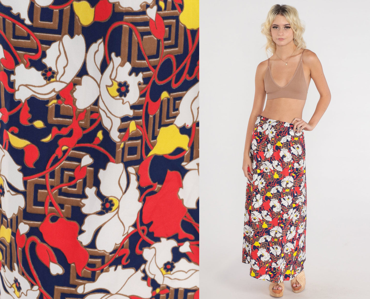 70s Psychedelic Floral Maxi Skirt High Waist Zipper Red White Blue Medium
