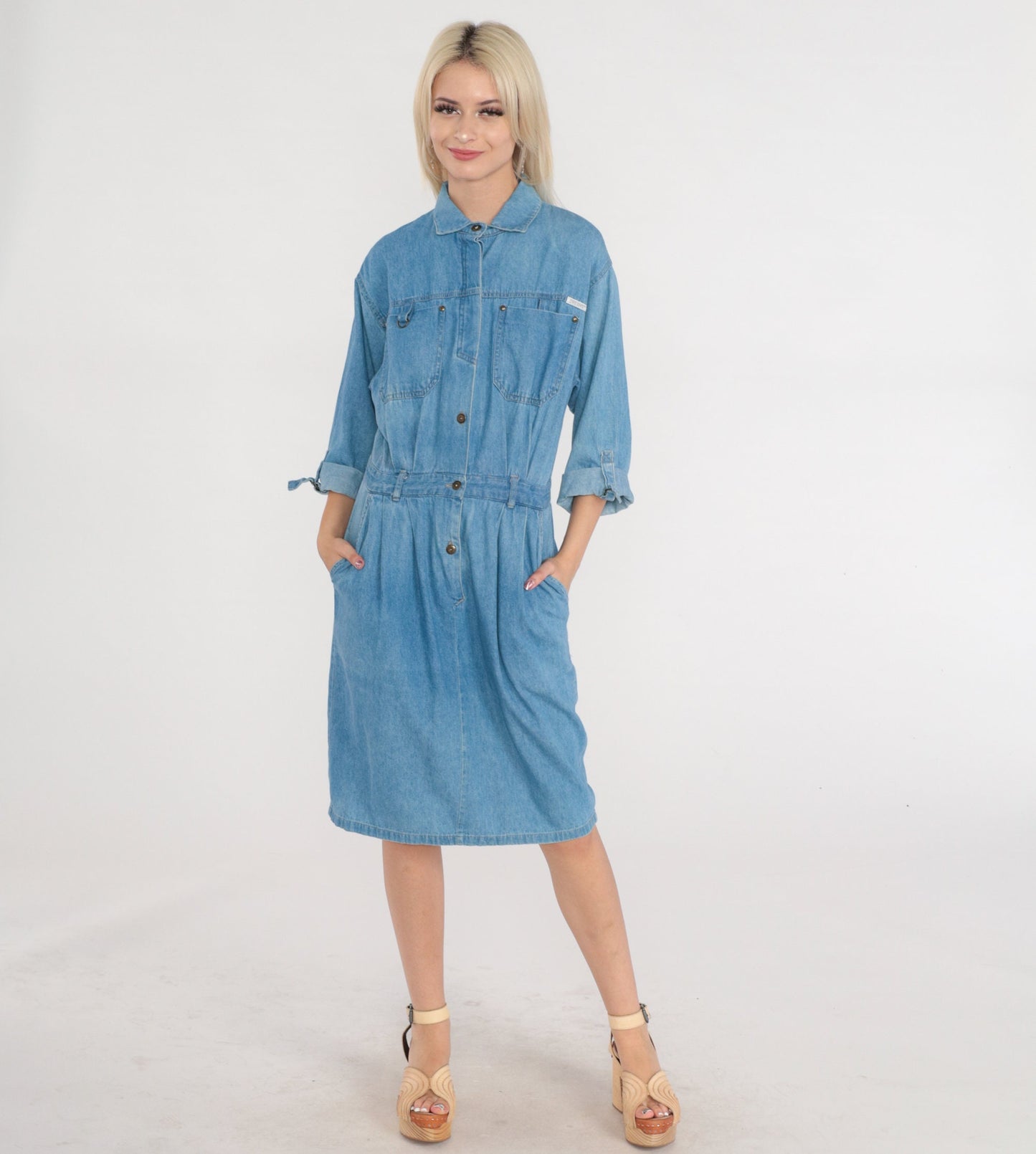 80s Dreams Blue Denim Button-Up Shirtdress Knee Length Cotton Medium
