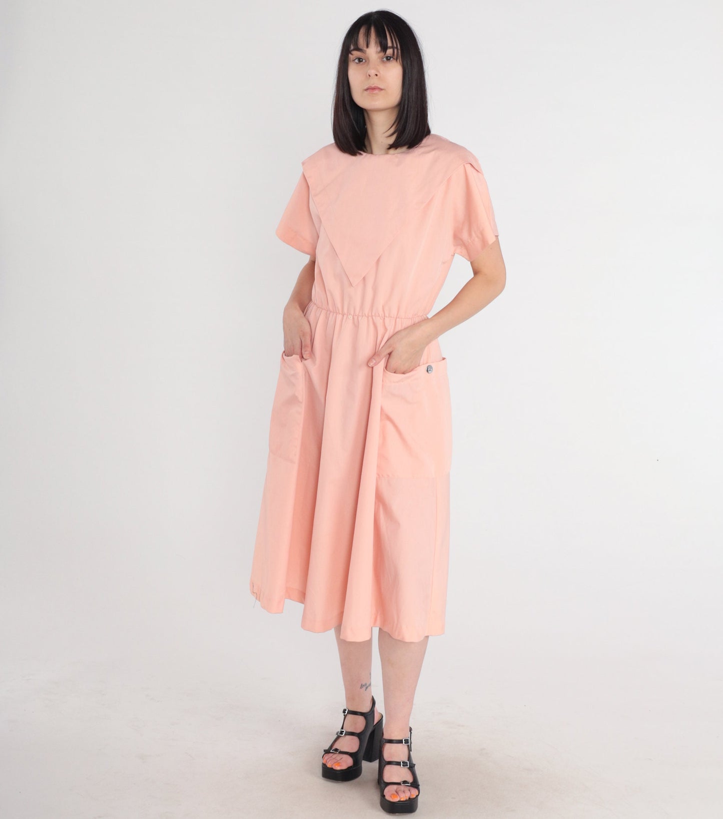 80s Pink Midi Dress High Waist Short Sleeve Pockets Medium M