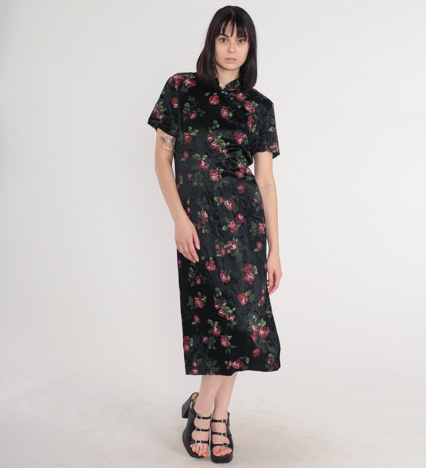 90s Jason Cody Cheongsam Midi Dress Black Floral Mandarin Collar Large