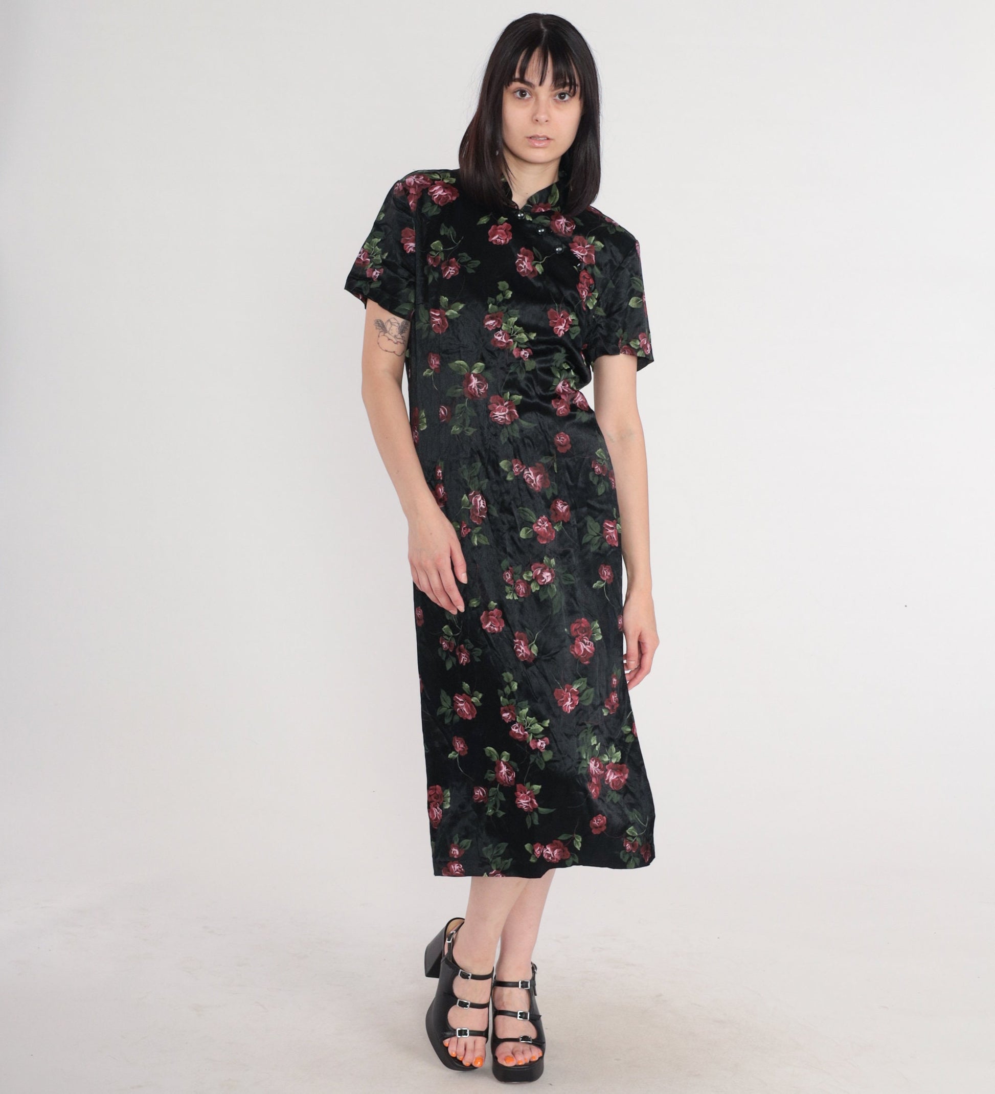 90s Jason Cody Cheongsam Midi Dress Black Floral Mandarin Collar Large