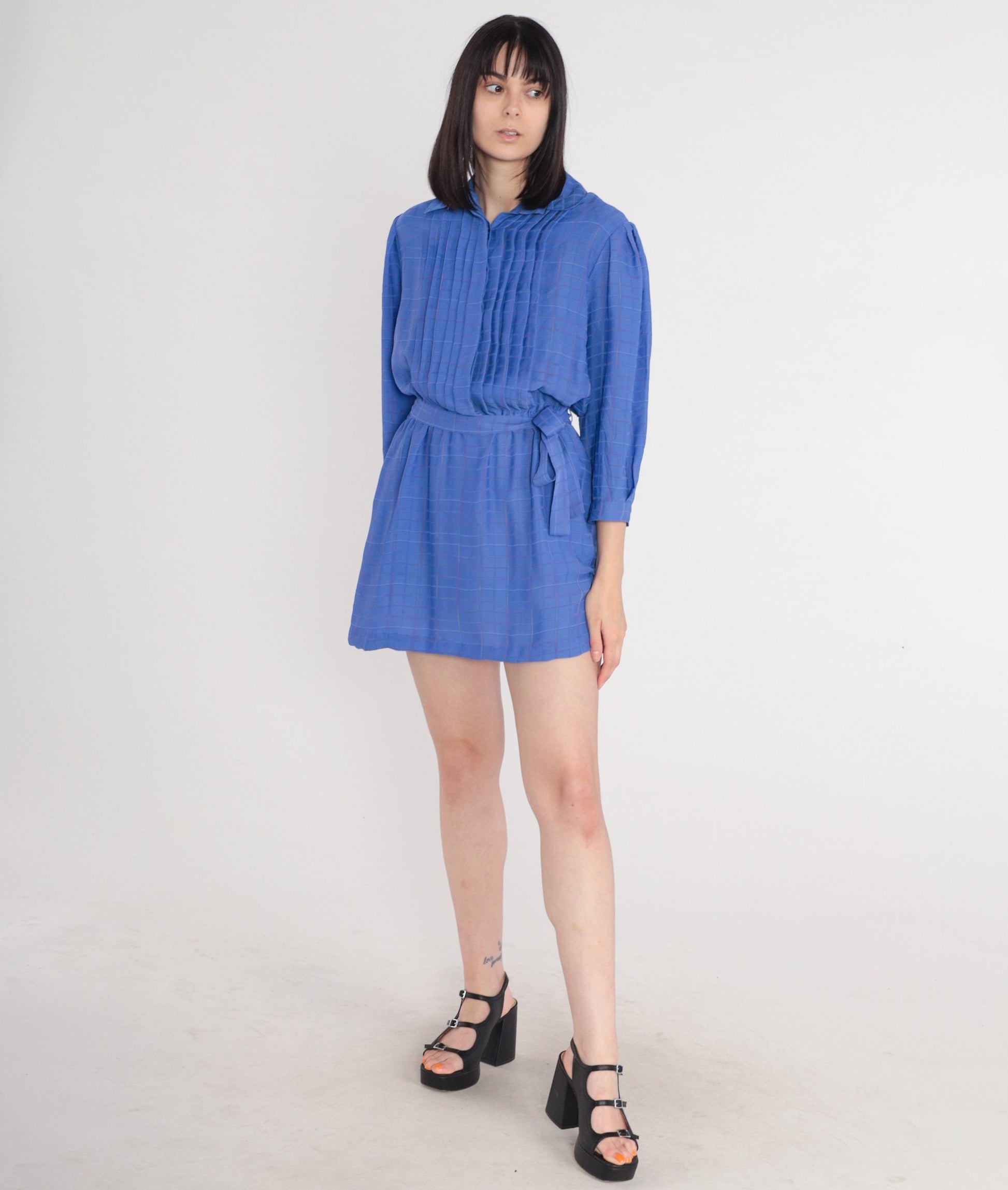 70s Ms Chaus Blue Checkered Mini Dress High Waist Pleated Button Up Medium Large