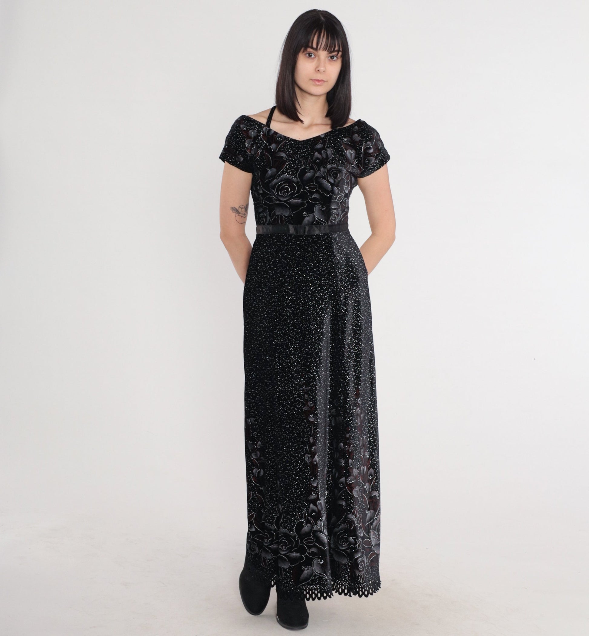 80s Black Velvet Maxi Dress Sparkly Floral Rose Print High Waisted Small