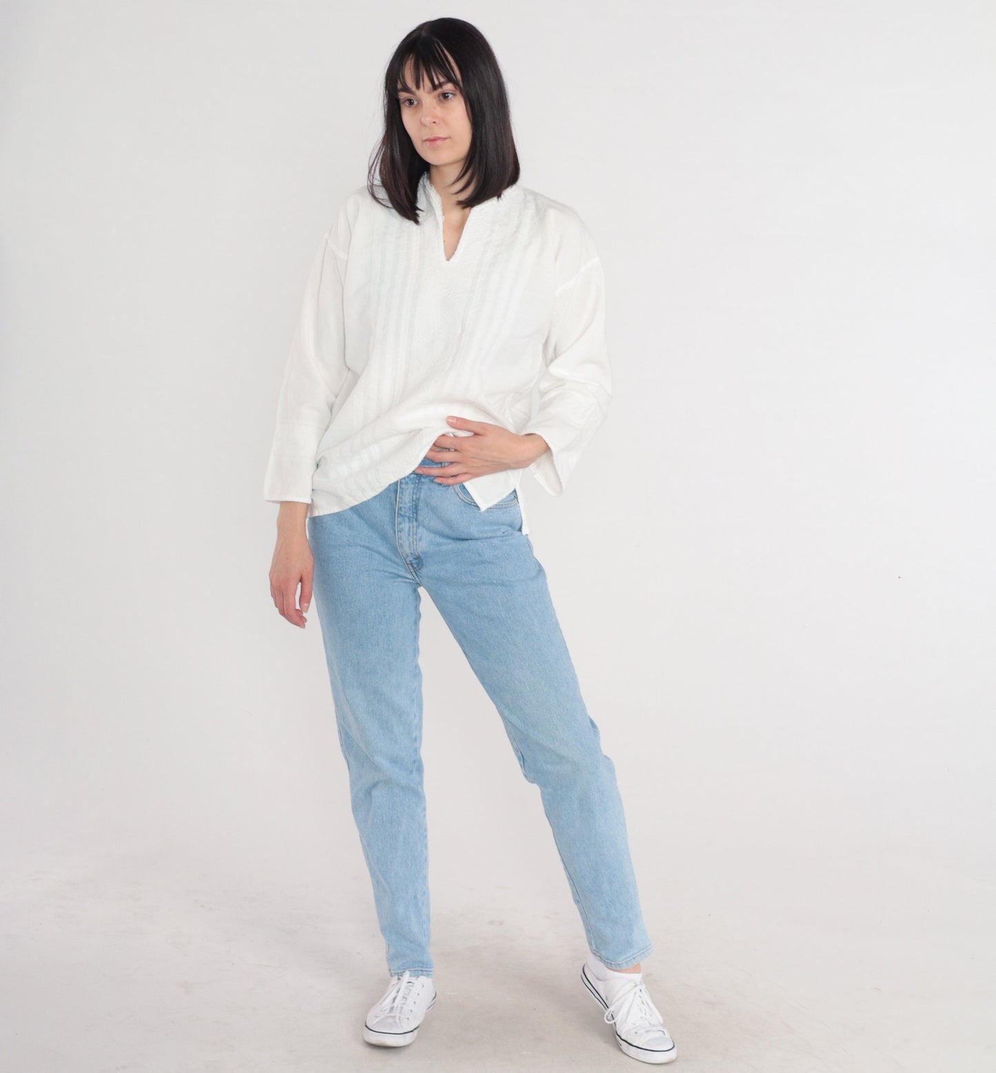 90s White Cotton Woven Blouse Long Sleeve V-Neck Medium M