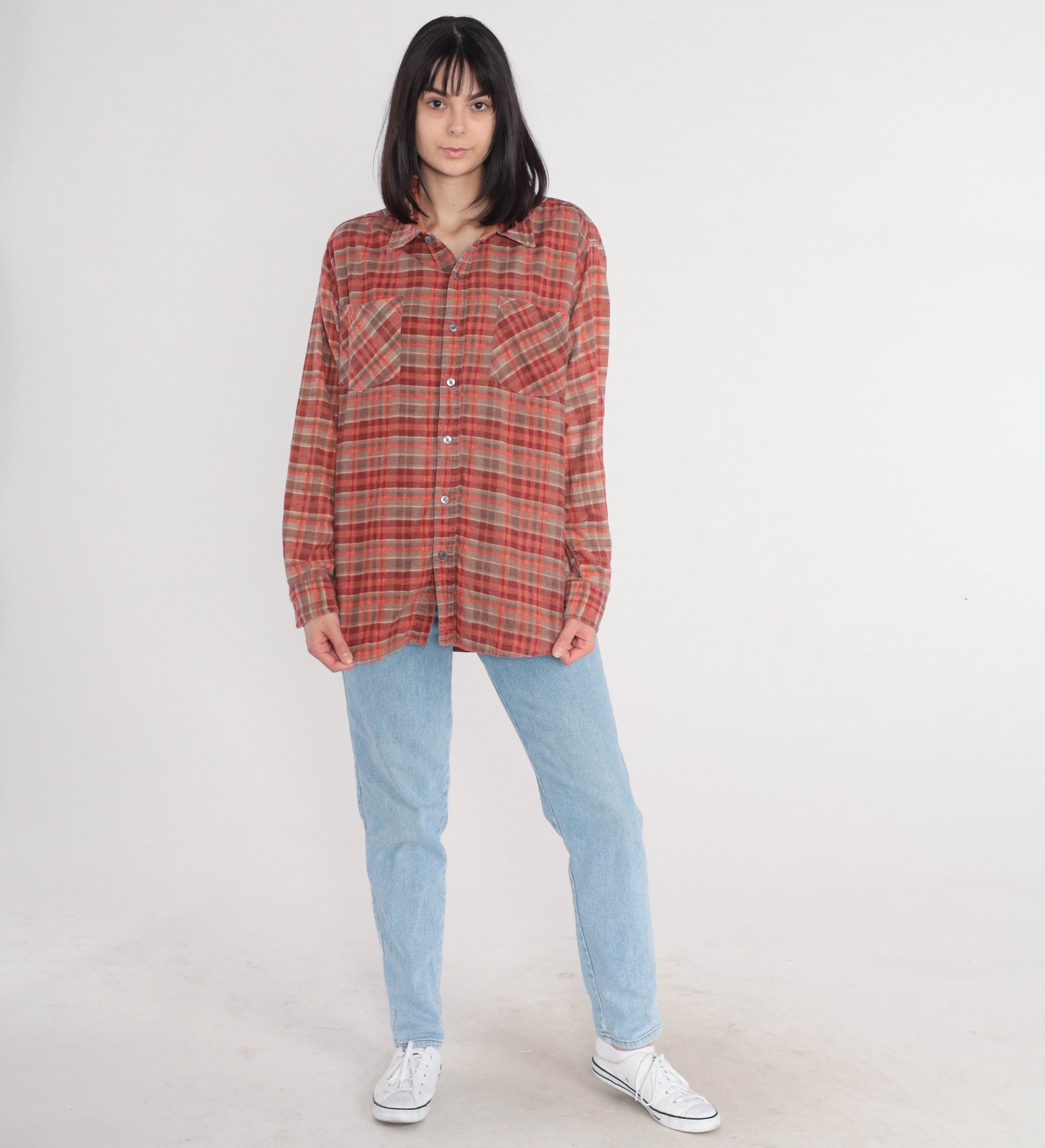 90s Haband Red Plaid Flannel Button-Up Shirt Long Sleeve Large