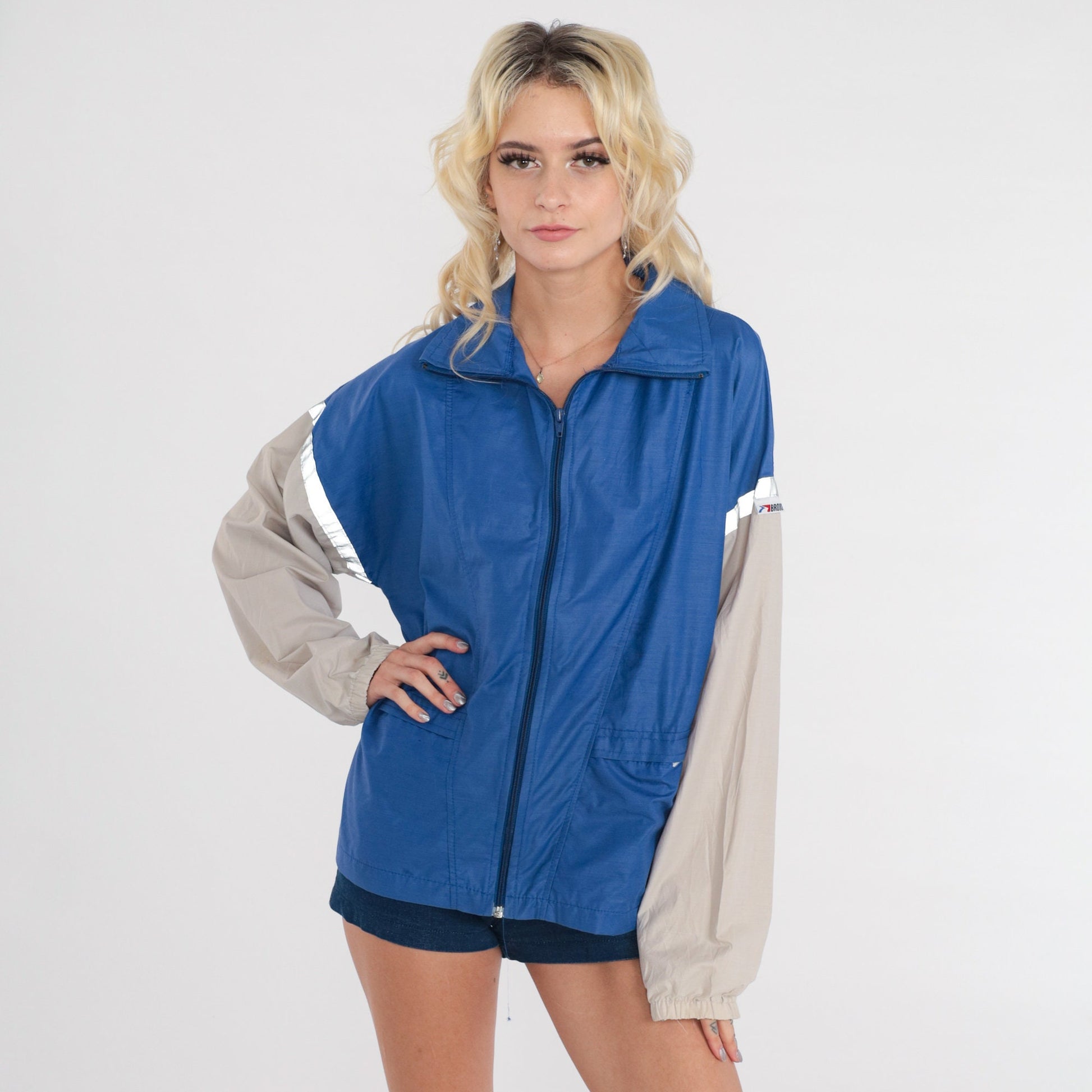 80s Brooks Color Block Windbreaker Blue Grey Reflective Jacket Large L