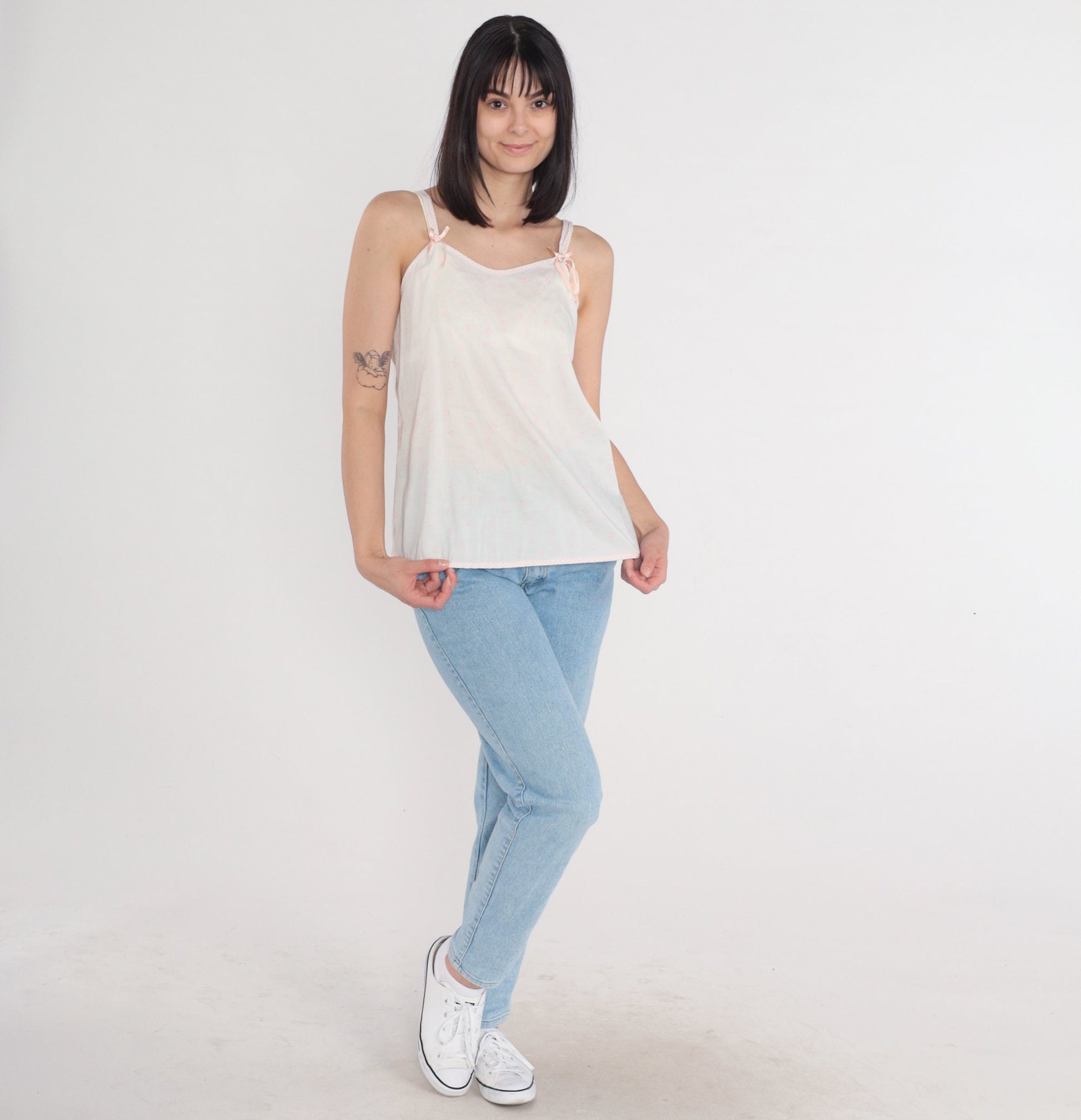 80s White Floral Camisole Pink Ditsy Print Spaghetti Strap Tank Small