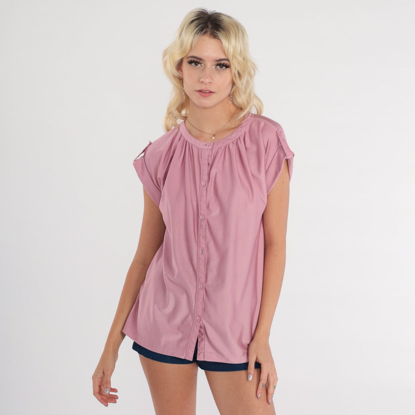 70s Lavender Button-Up Blouse Cap Sleeve Epaulette Shiny Top Small