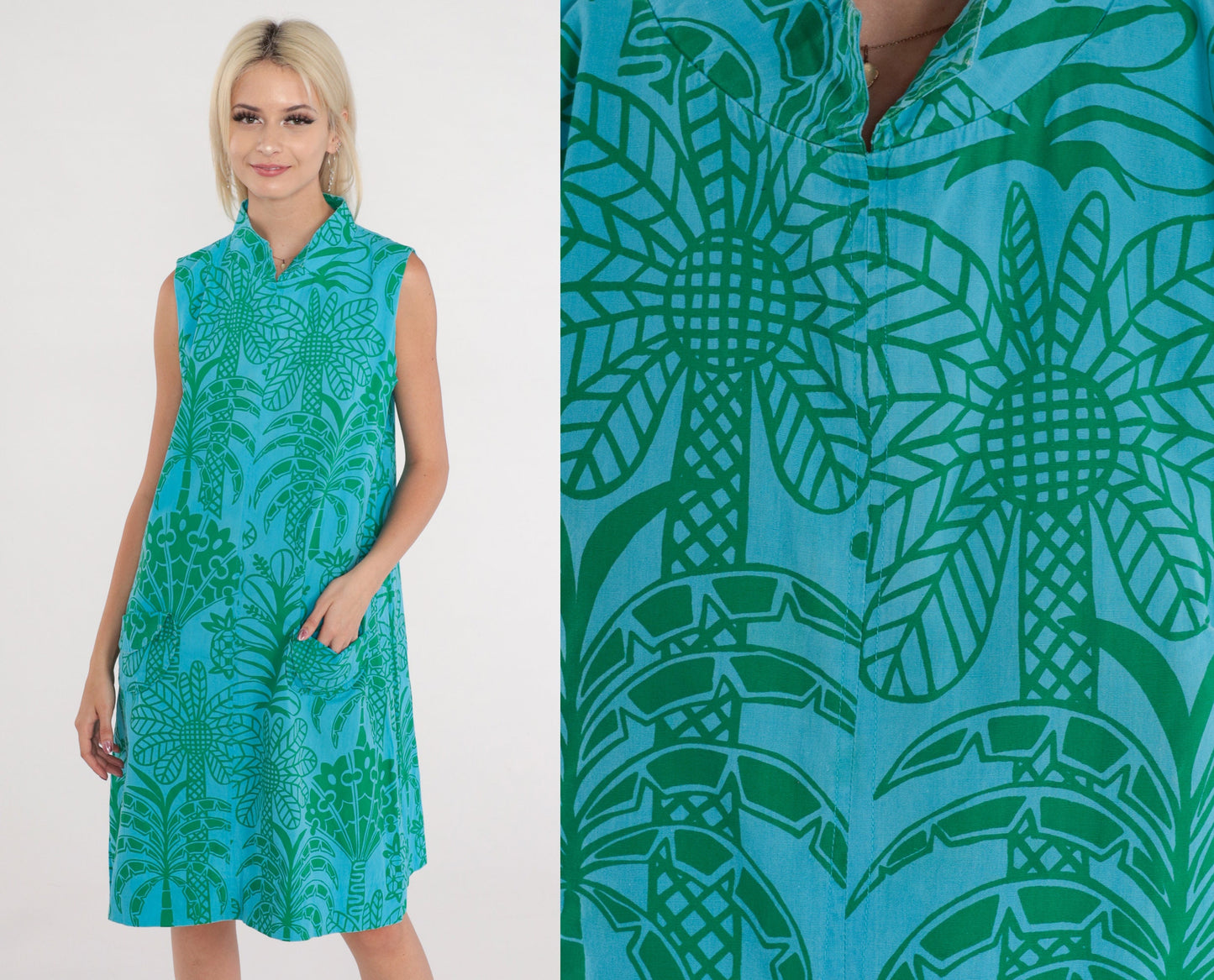 60s Ruth Clarage Tropical Palm Tree Shift Dress Blue Midi Medium