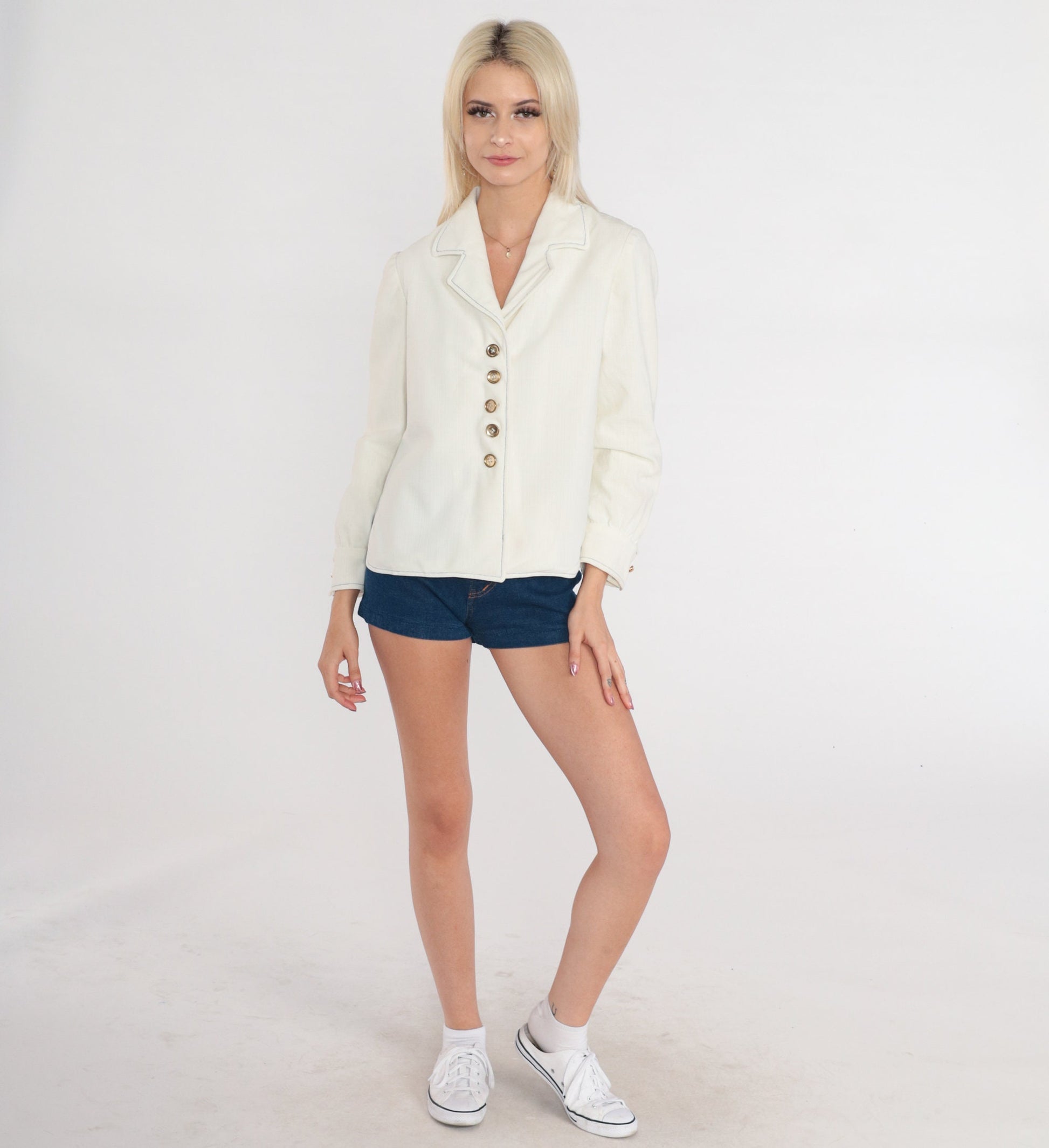 70s White Button-Up Blouse Notched Collar Long Sleeve Small