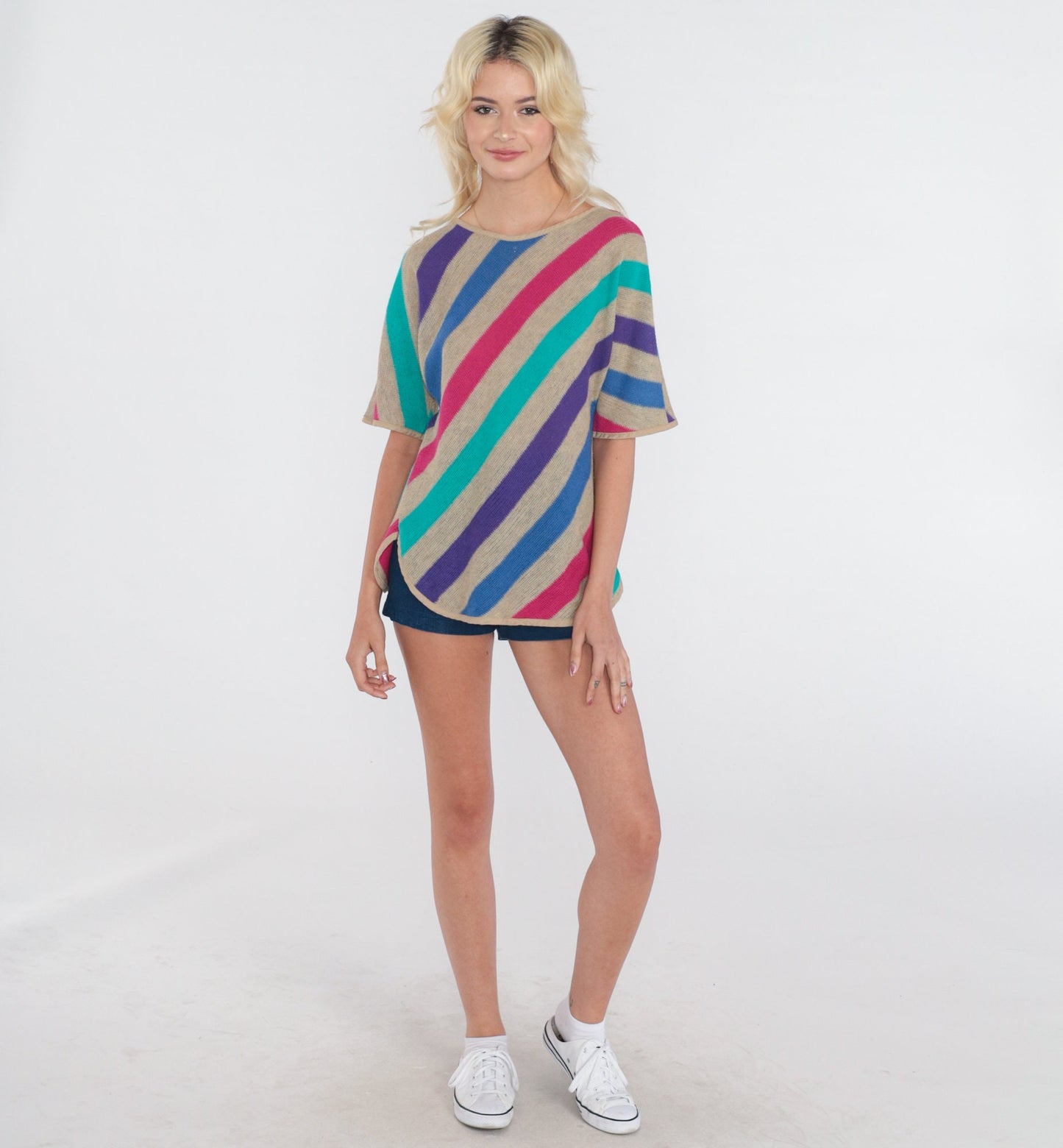 80s Striped Woven Blouse Half Sleeve Cotton Top Multicolor Small S