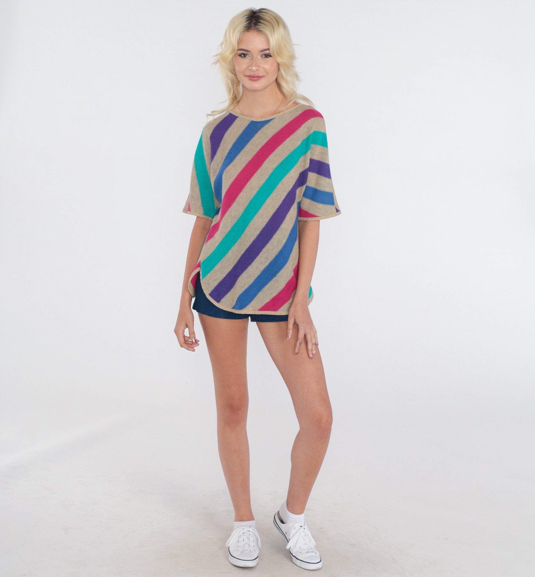 80s Striped Woven Blouse Half Sleeve Cotton Top Multicolor Small S
