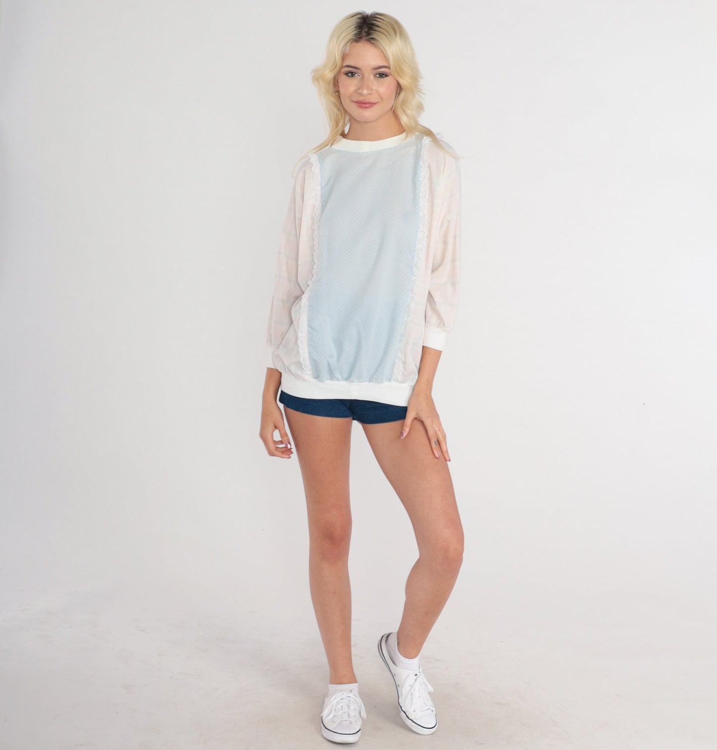 80s Plaid Floral Sweatshirt Lace Trim Ditsy Print Crewneck Blue Medium M