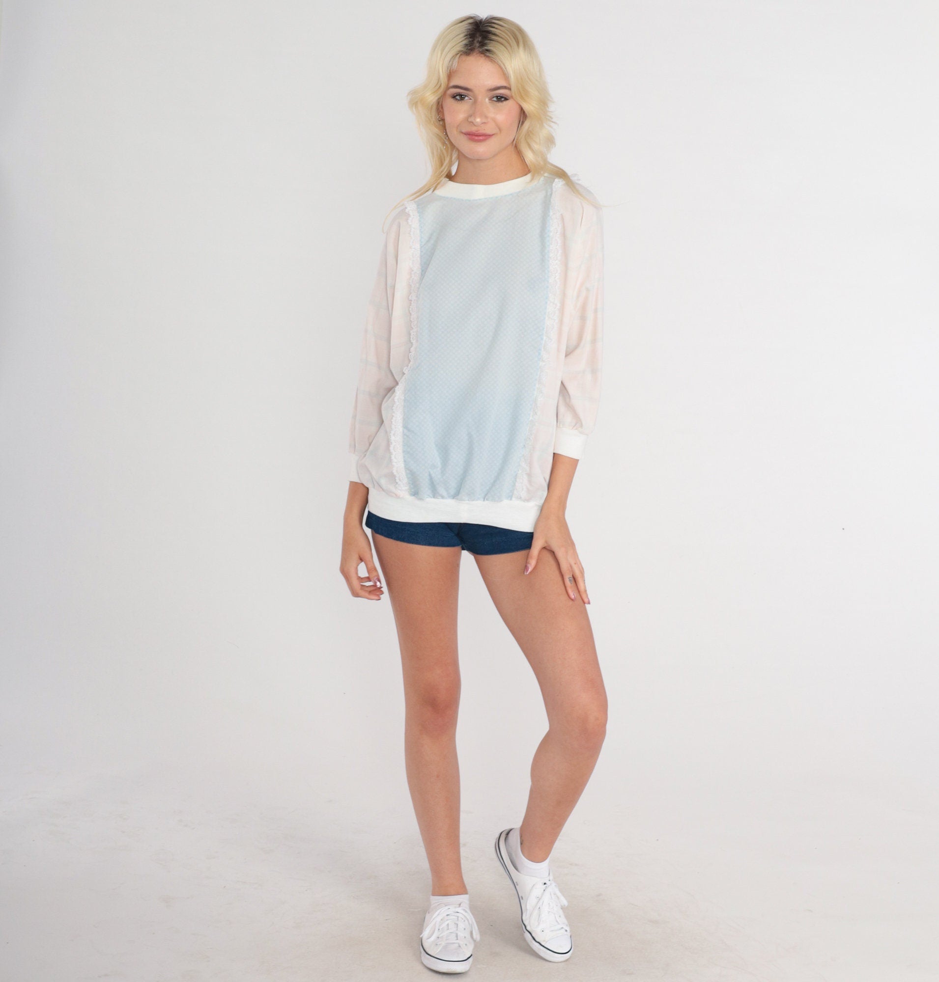 80s Plaid Floral Sweatshirt Lace Trim Ditsy Print Crewneck Blue Medium M