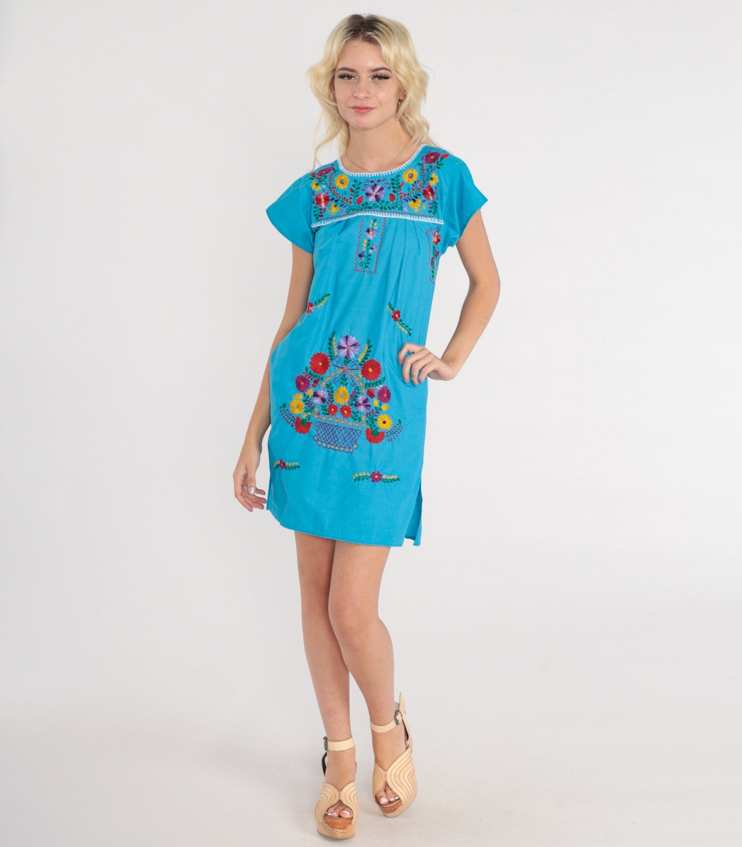 90s Mexican Floral Embroidered Mini Dress Blue Cotton Cap Sleeve Extra Small