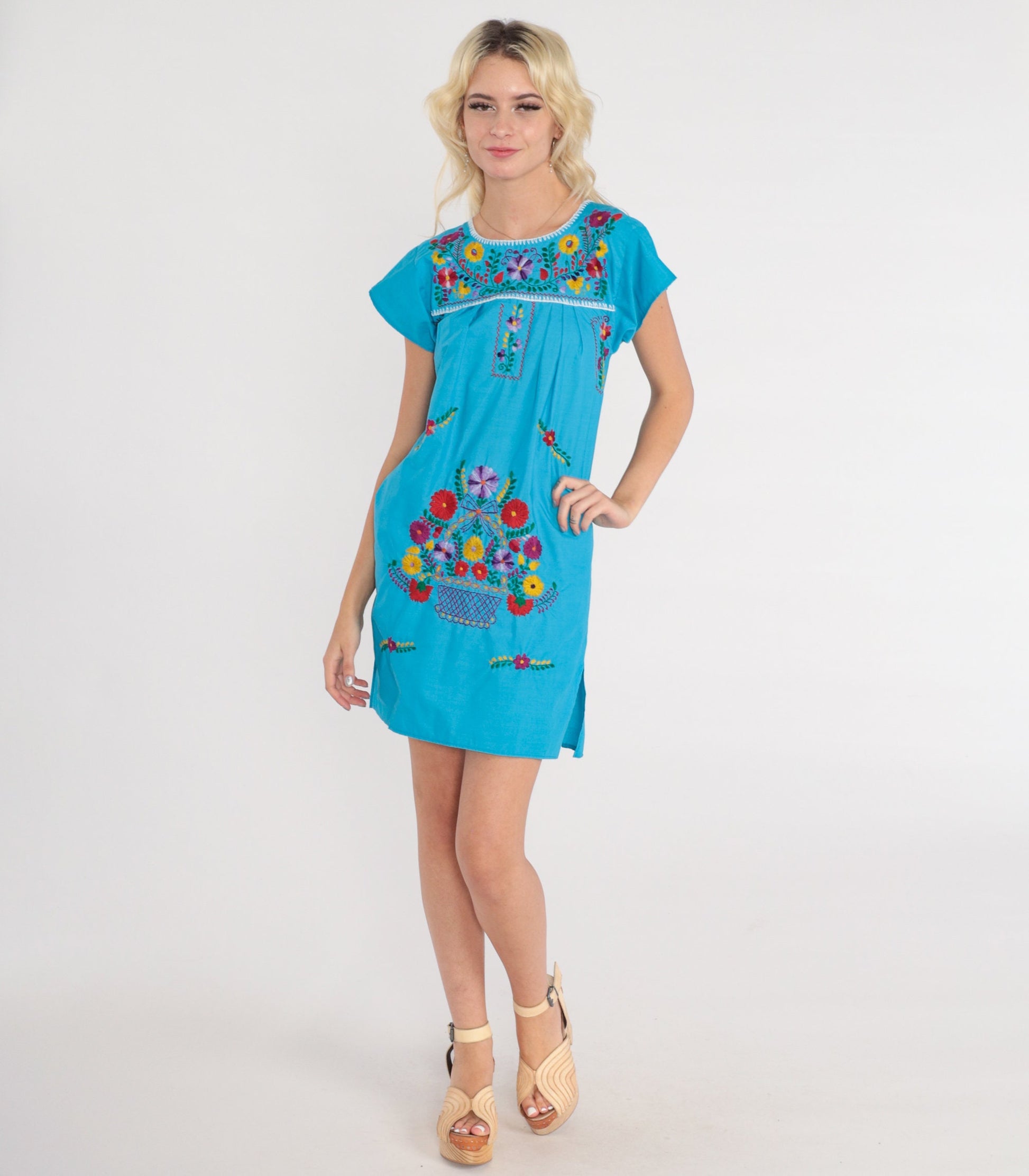 90s Mexican Floral Embroidered Mini Dress Blue Cotton Cap Sleeve Extra Small