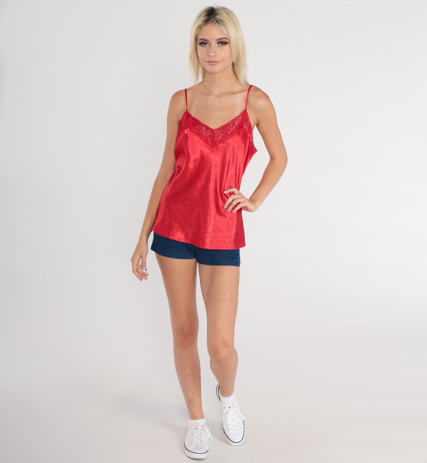 90s Red Lace Camisole Tank Top Vintage Lingerie Medium M