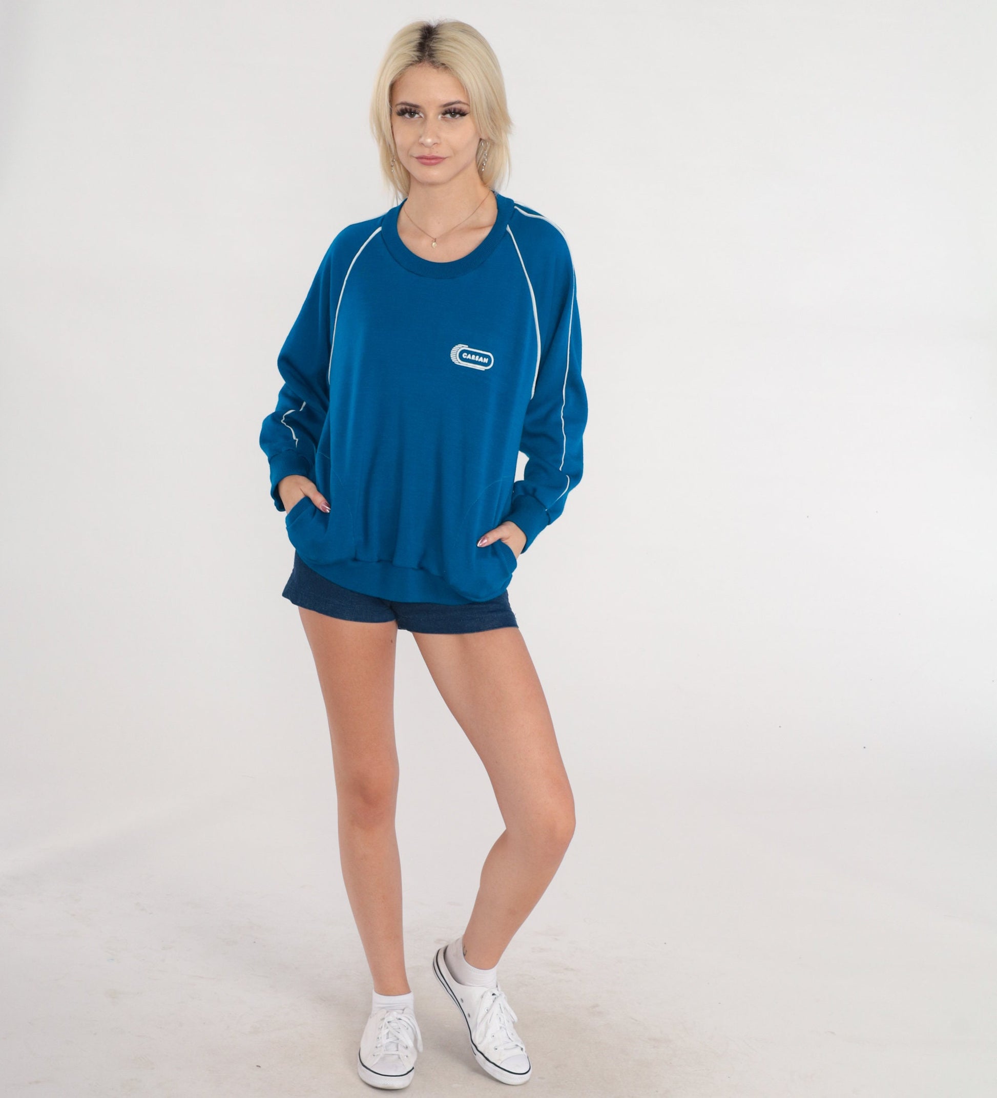 80s Carsan Graphic Sweatshirt Blue Raglan Crewneck Medium