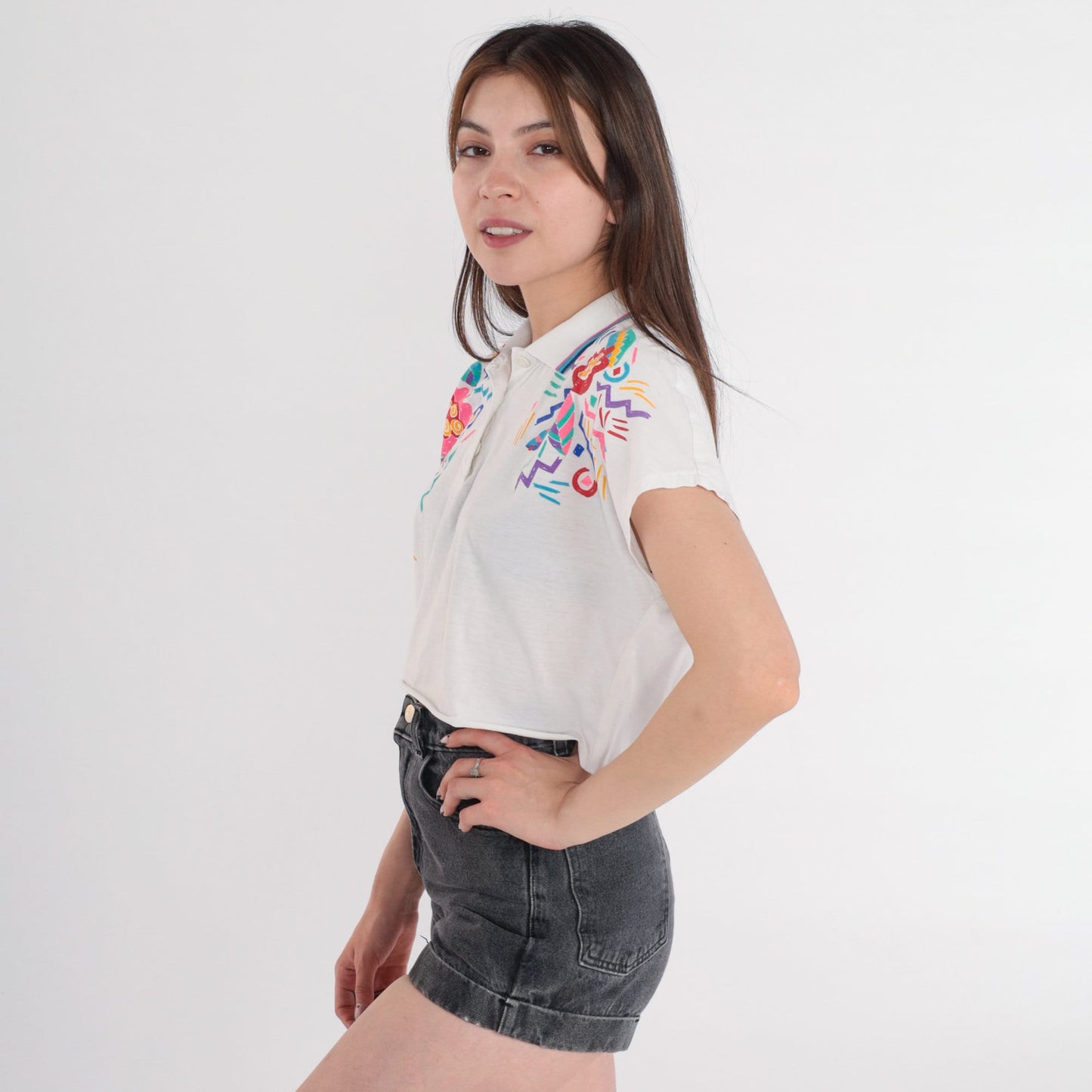 90s Lily's Floral Polo Crop Top White Abstract Print Collared Small