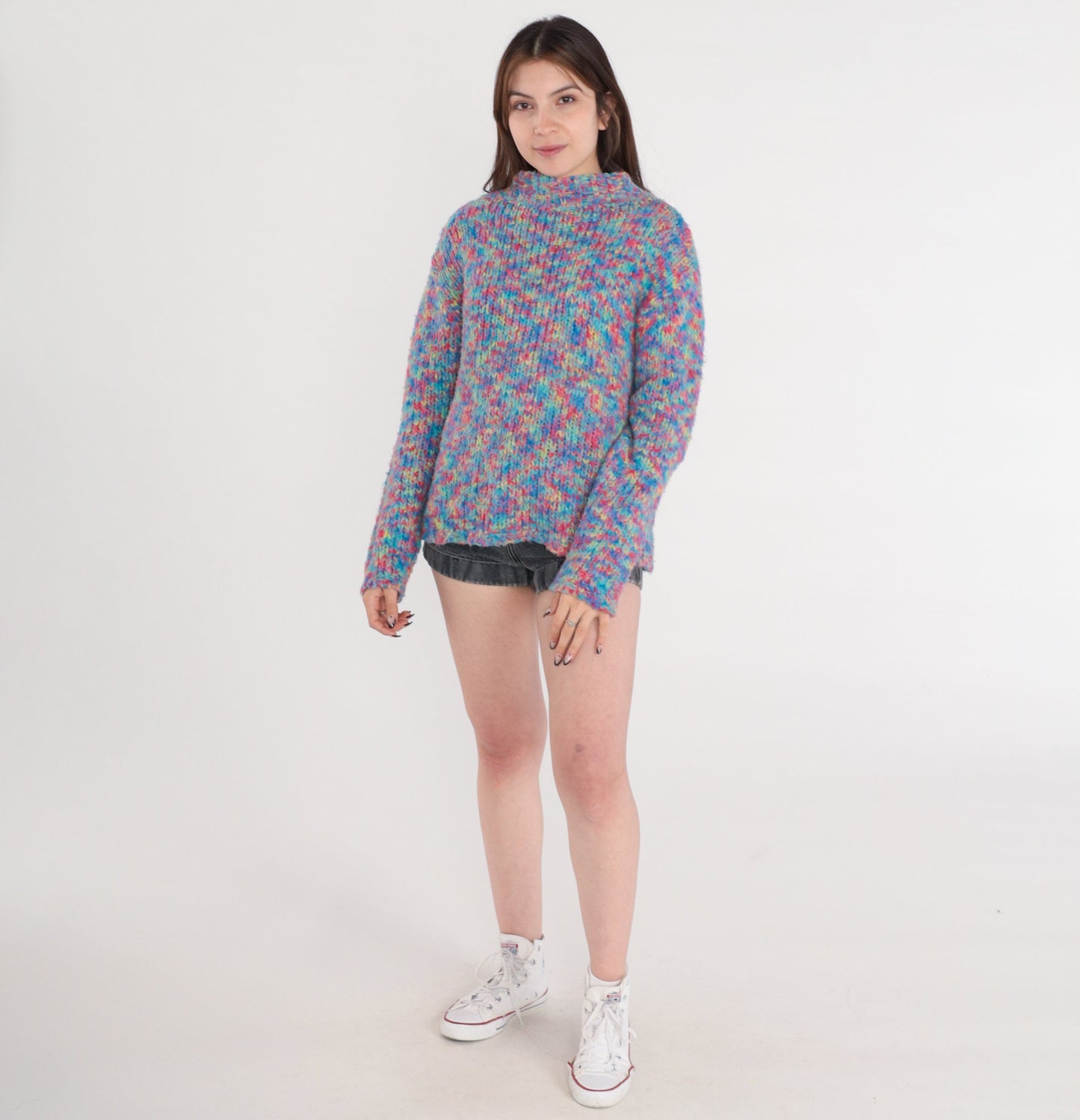 Y2K Space Dye Mockneck Sweater Multicolor Chunky Knit Pullover XS