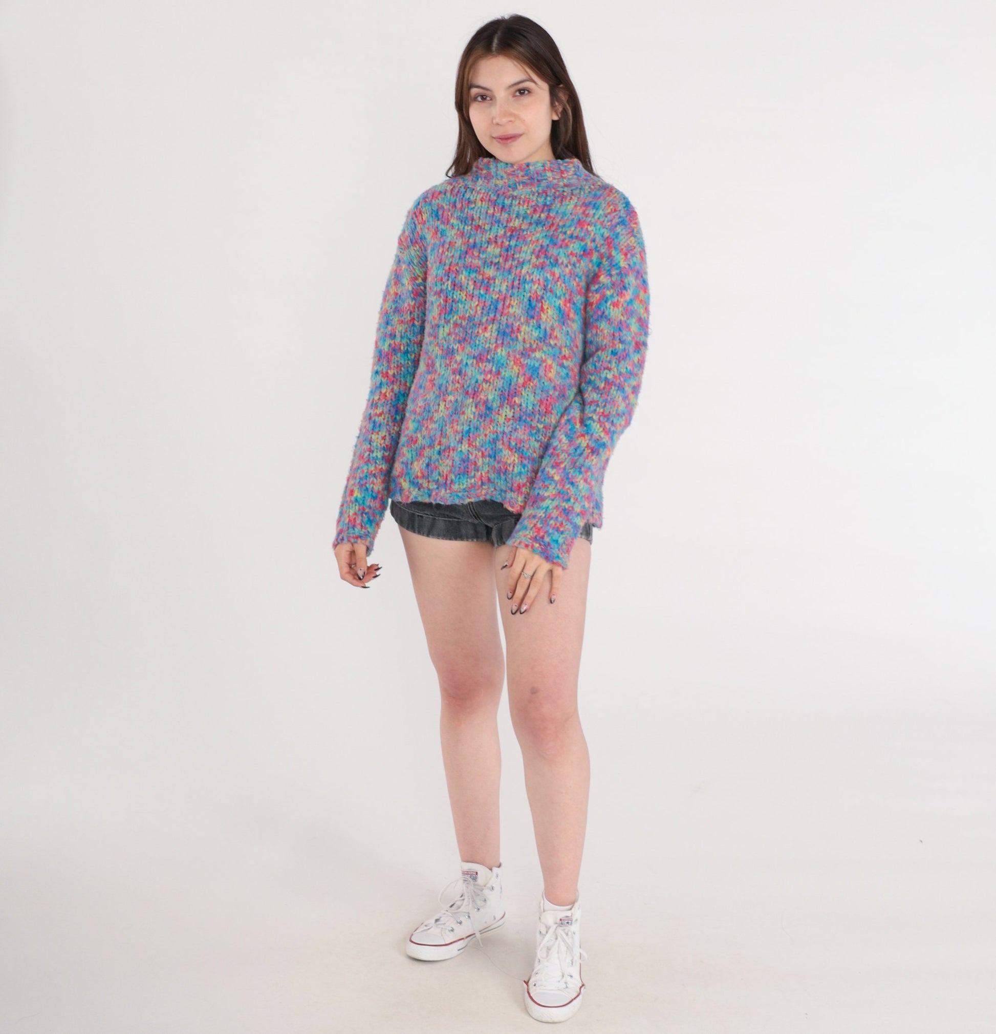 Y2K Space Dye Mockneck Sweater Multicolor Chunky Knit Pullover XS