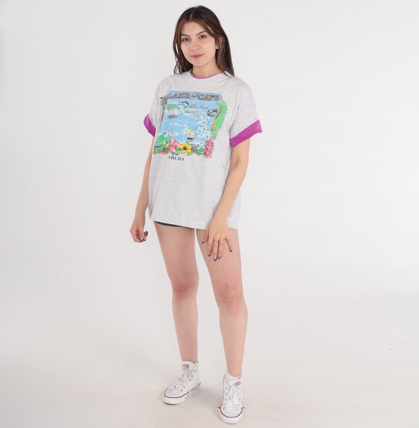 90s Island Cafe Aruba Graphic T-Shirt Grey Purple Cuff Large
