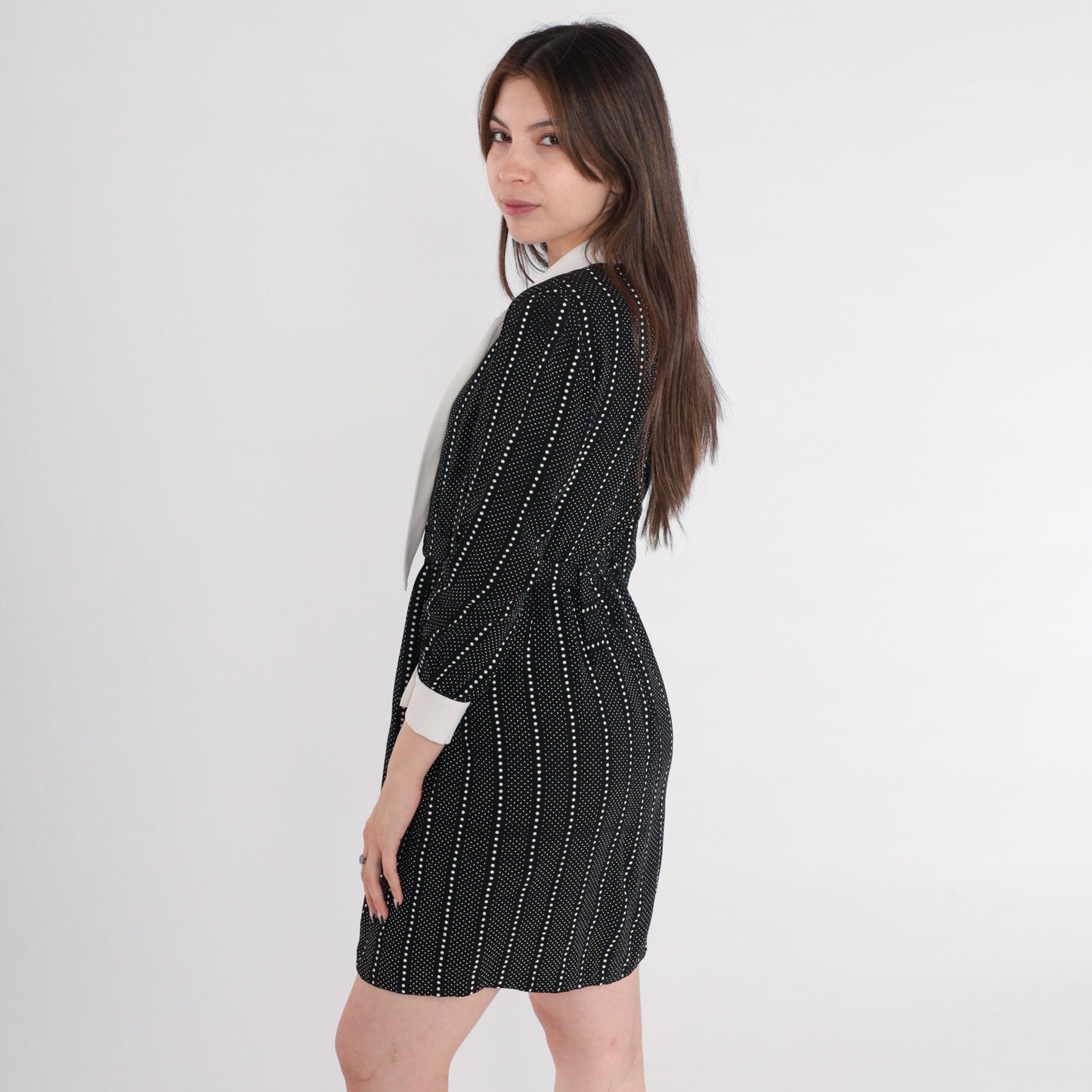 60s Lanz Originals Mod Mini Dress Black White Dot Ascot Tie Small
