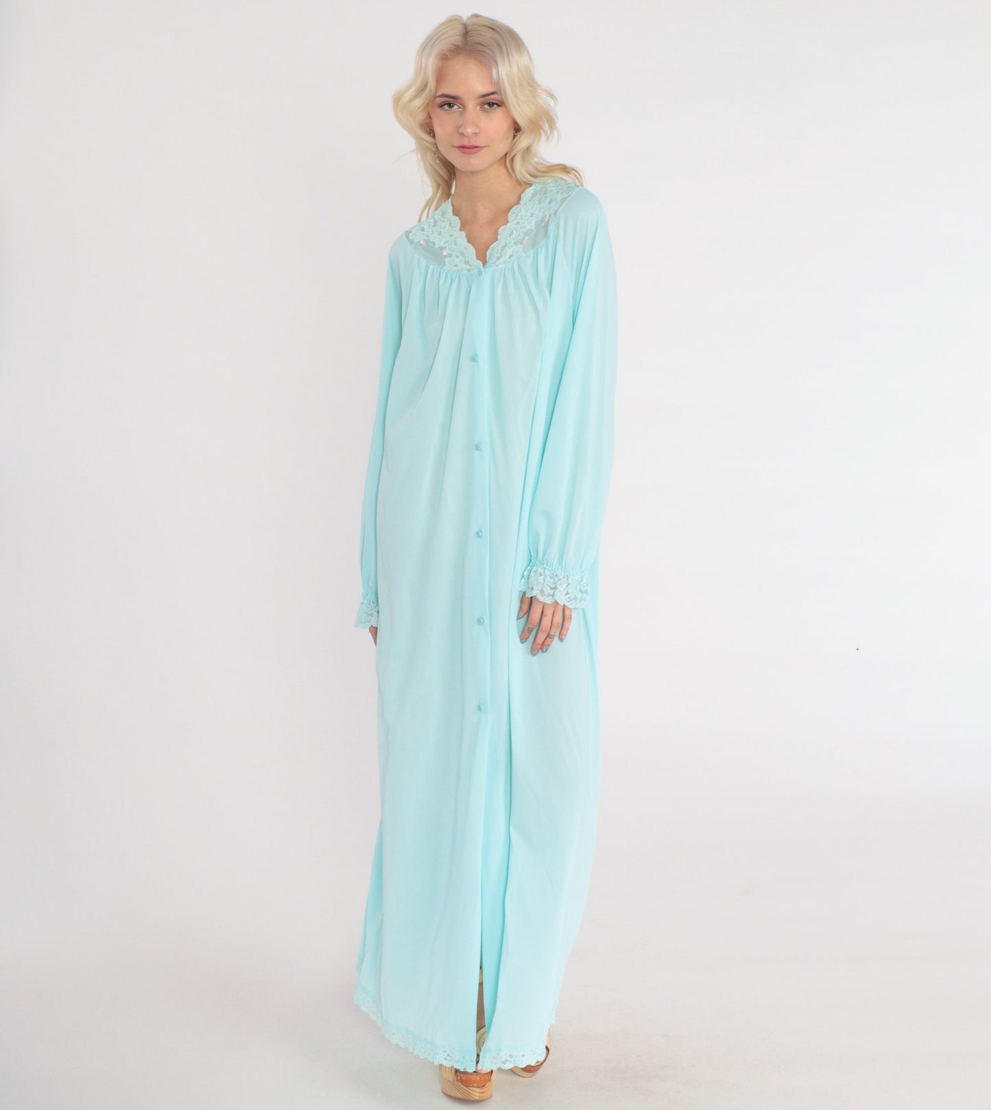 70s Blue Nylon Pajama Robe Maxi Lace Trim Button Front Bed Jacket Medium M