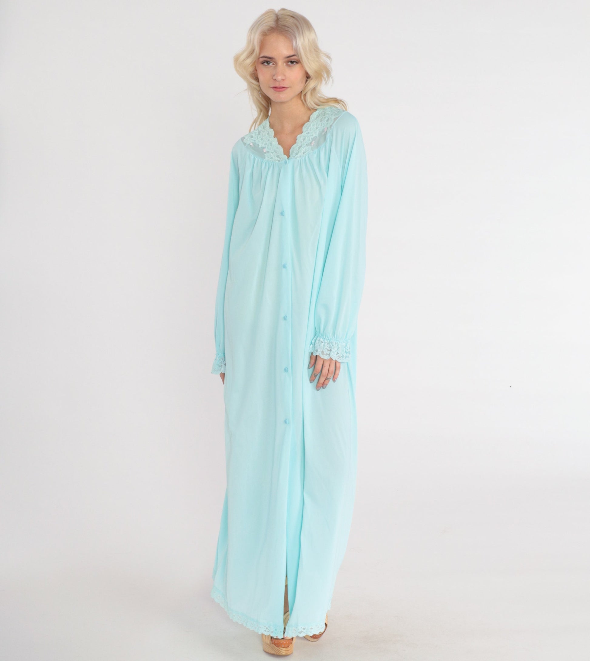 70s Blue Nylon Pajama Robe Maxi Lace Trim Button Front Bed Jacket Medium M