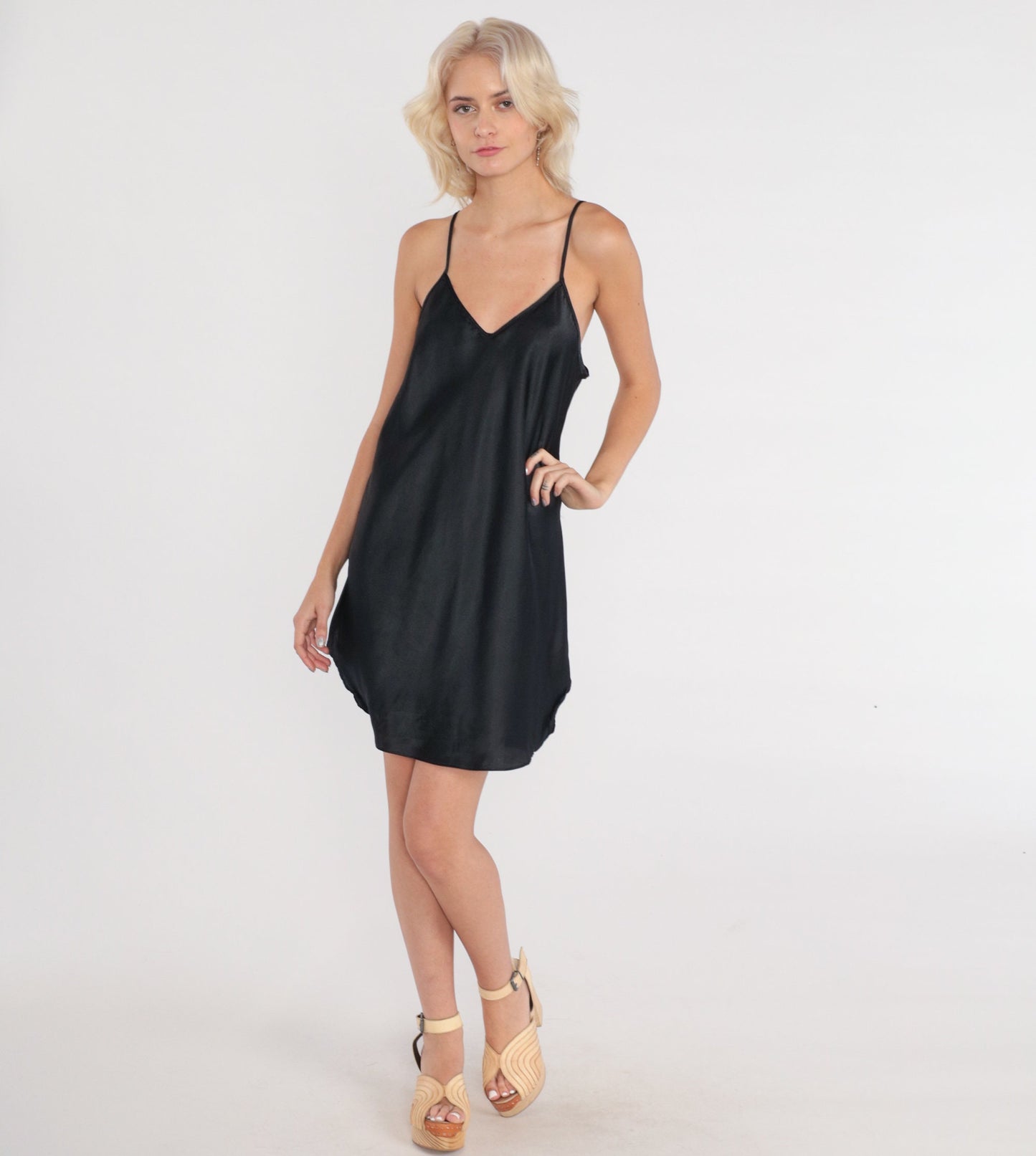 90s Black Satin Slip Dress V-Neck Spaghetti Strap Mini Medium
